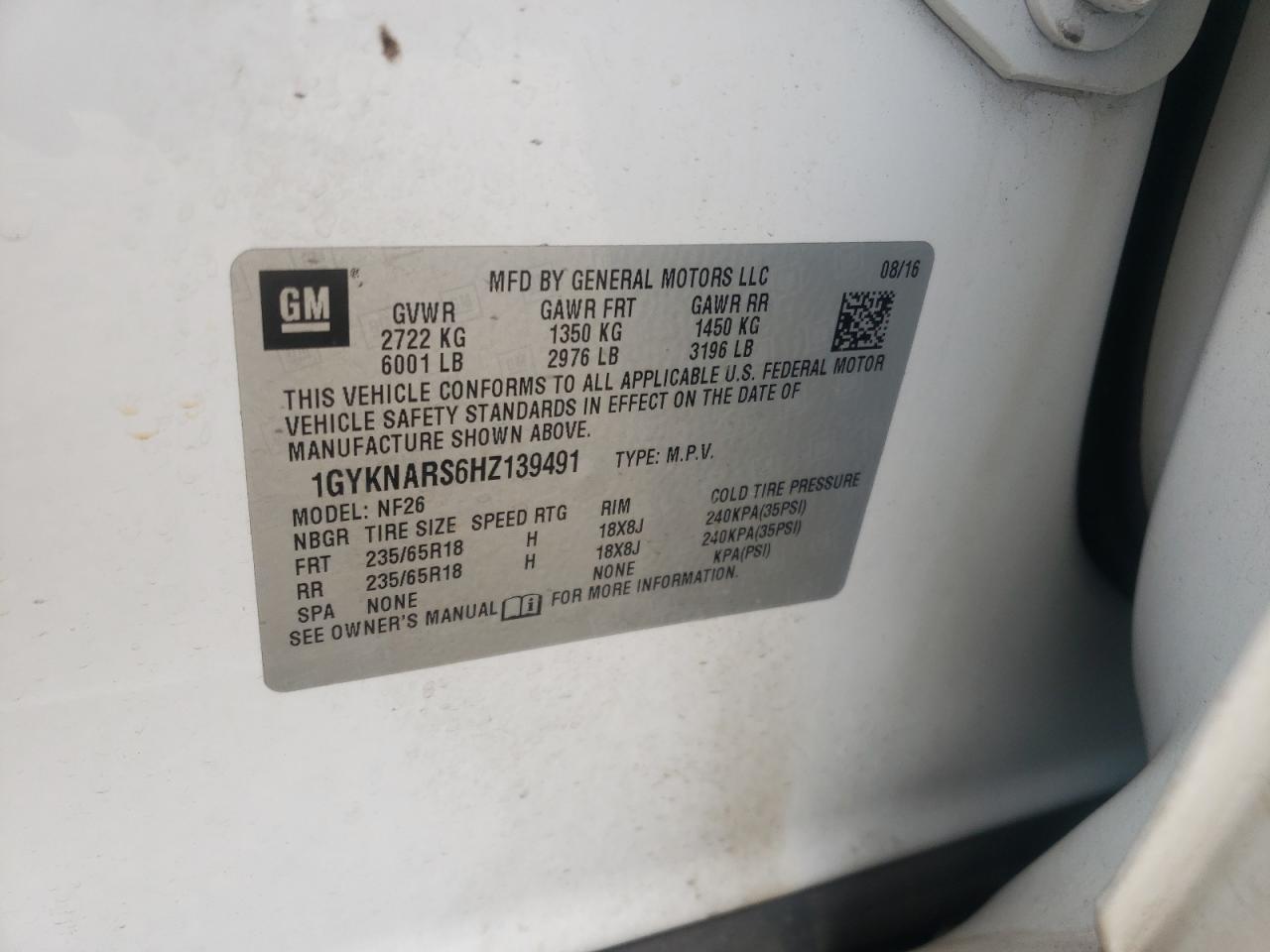 Photo 10 from auction – 2017 CADILLAC XT5 with VIN 1GYKNARS6HZ139491