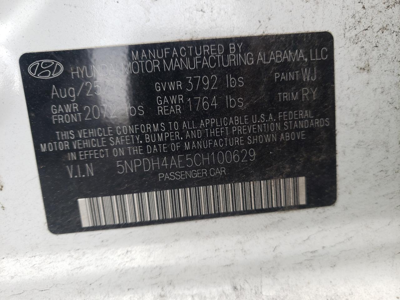 Photo 10 from auction – 2012 HYUNDAI ELANTRA GL with VIN 5NPDH4AE5CH100629