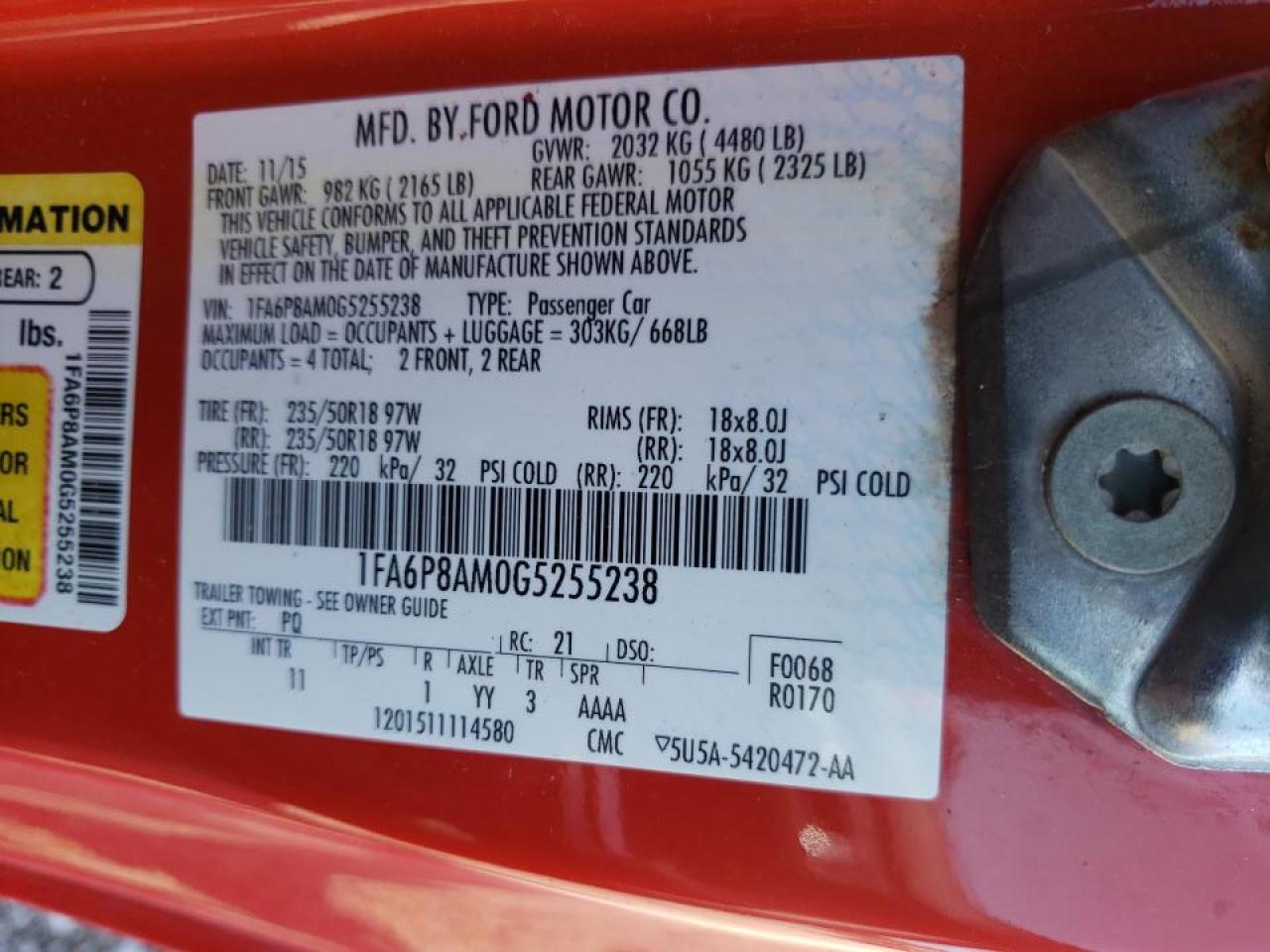 Photo 10 from auction – 2016 FORD MUSTANG with VIN 1FA6P8AM0G5255238