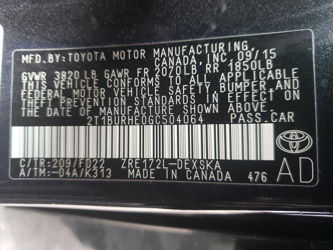 Photo 10 from auction – 2016 TOYOTA COROLLA L with VIN 2T1BURHE0GC504064