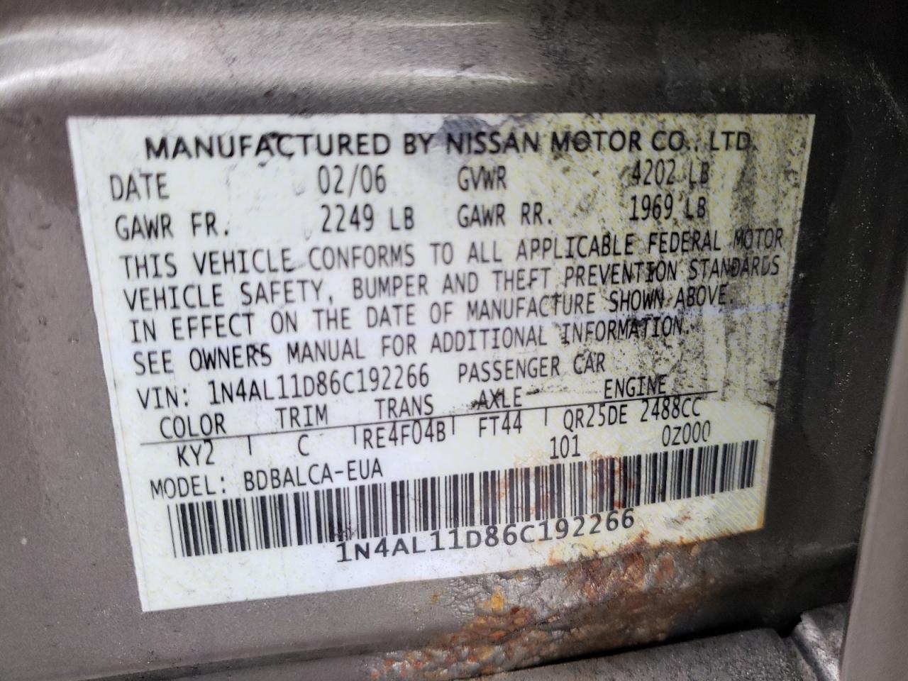 Photo 10 from auction – 2006 NISSAN ALTIMA S with VIN 1N4AL11D86C192266