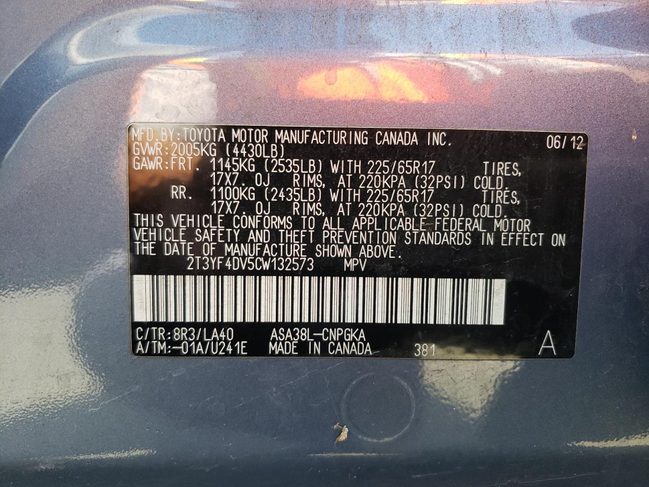 Photo 10 from auction – 2012 TOYOTA RAV4 LIMIT with VIN 2T3YF4DV5CW132573