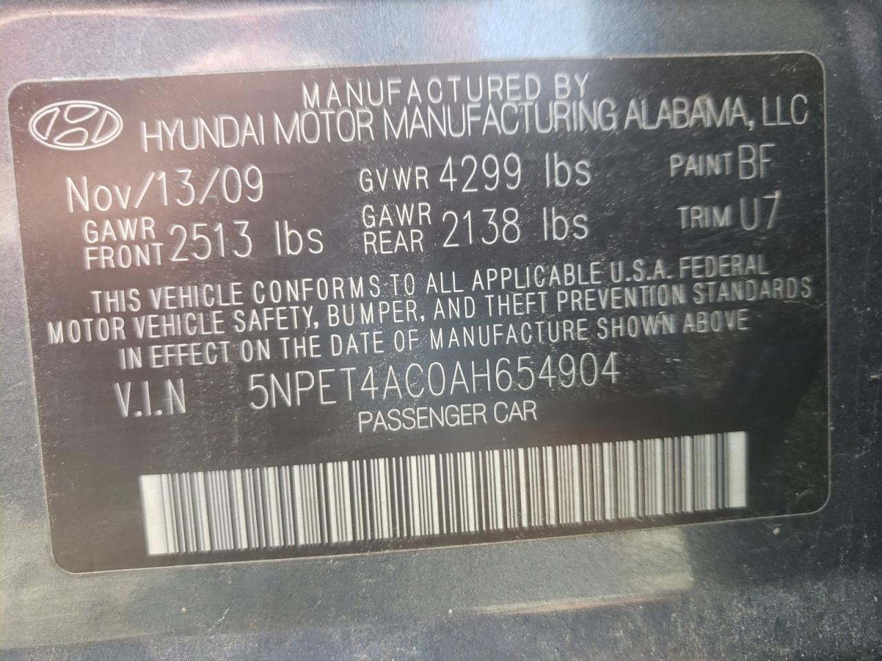 Photo 10 from auction – 2010 HYUNDAI SONATA GLS with VIN 5NPET4AC0AH654904