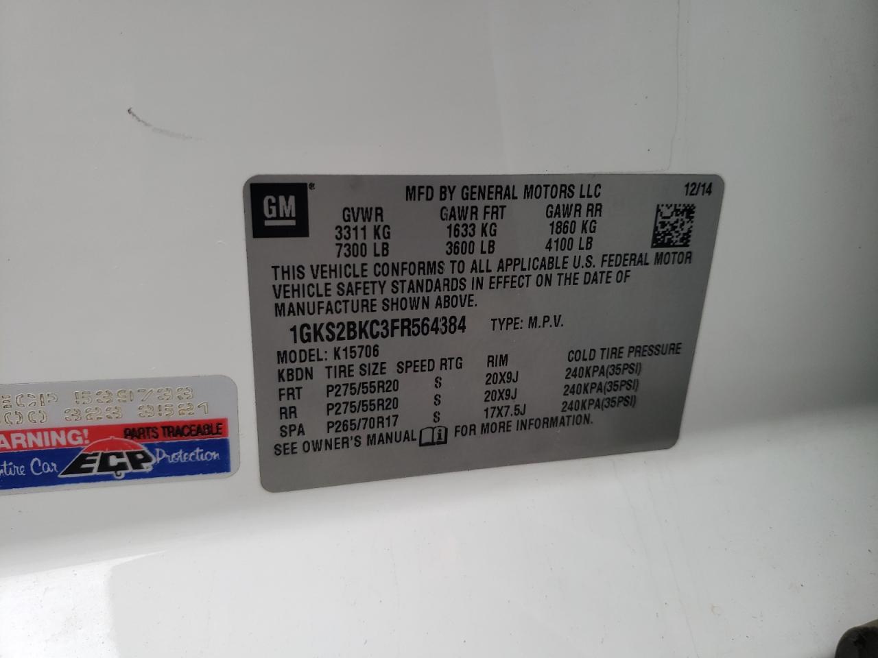 Photo 10 from auction – 2015 GMC YUKON SLT with VIN 1GKS2BKC3FR564384