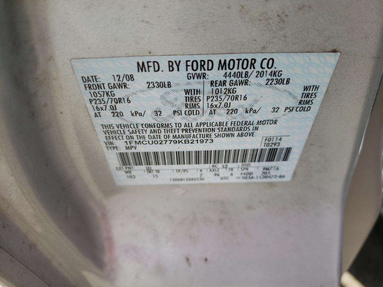 Photo 10 from auction – 2009 FORD ESCAPE XLS with VIN 1FMCU02779KB21973
