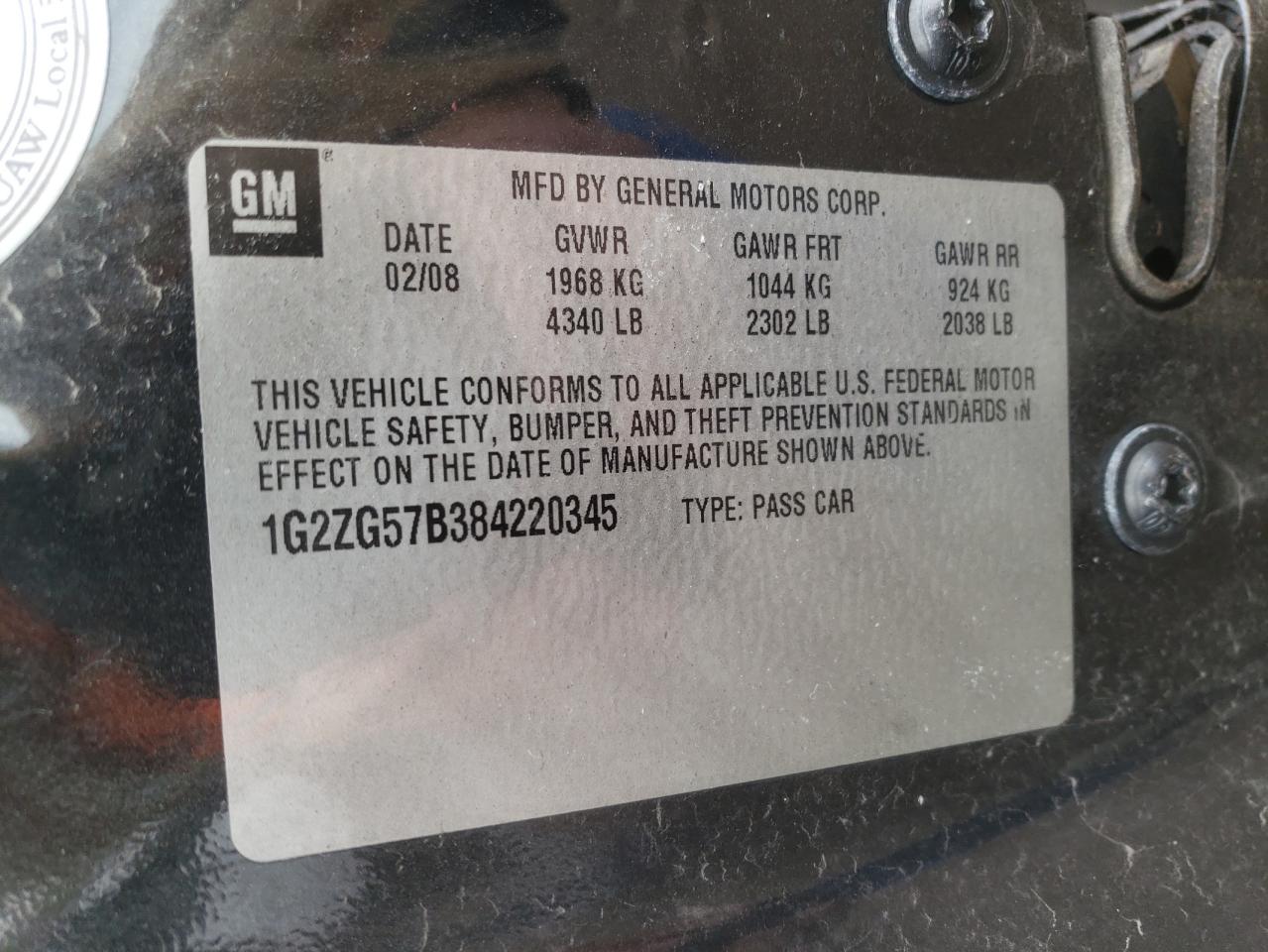 Photo 10 from auction – 2008 PONTIAC G6 BASE with VIN 1G2ZG57B384220345