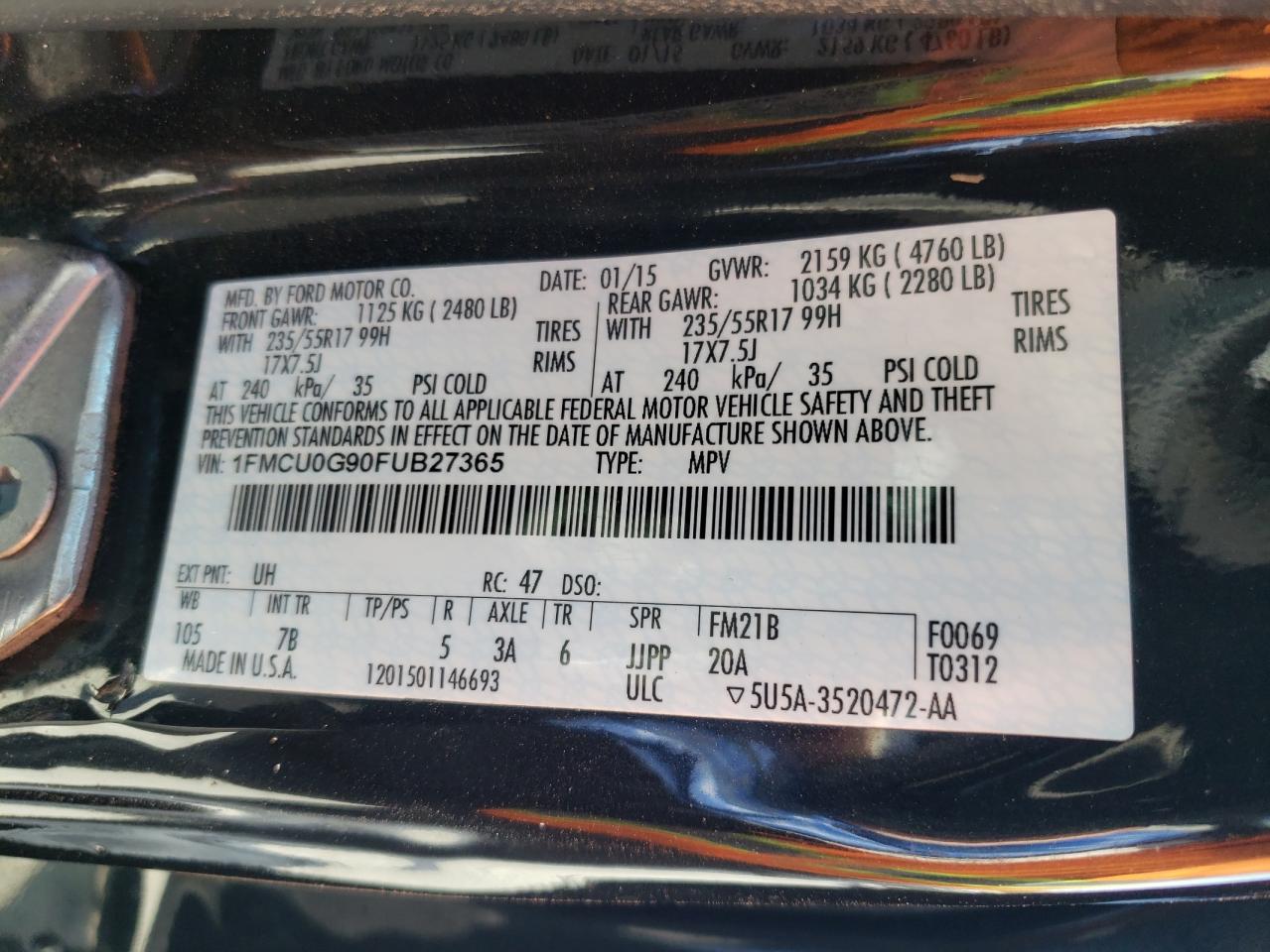 Photo 10 from auction – 2015 FORD ESCAPE SE with VIN 1FMCU0G90FUB27365