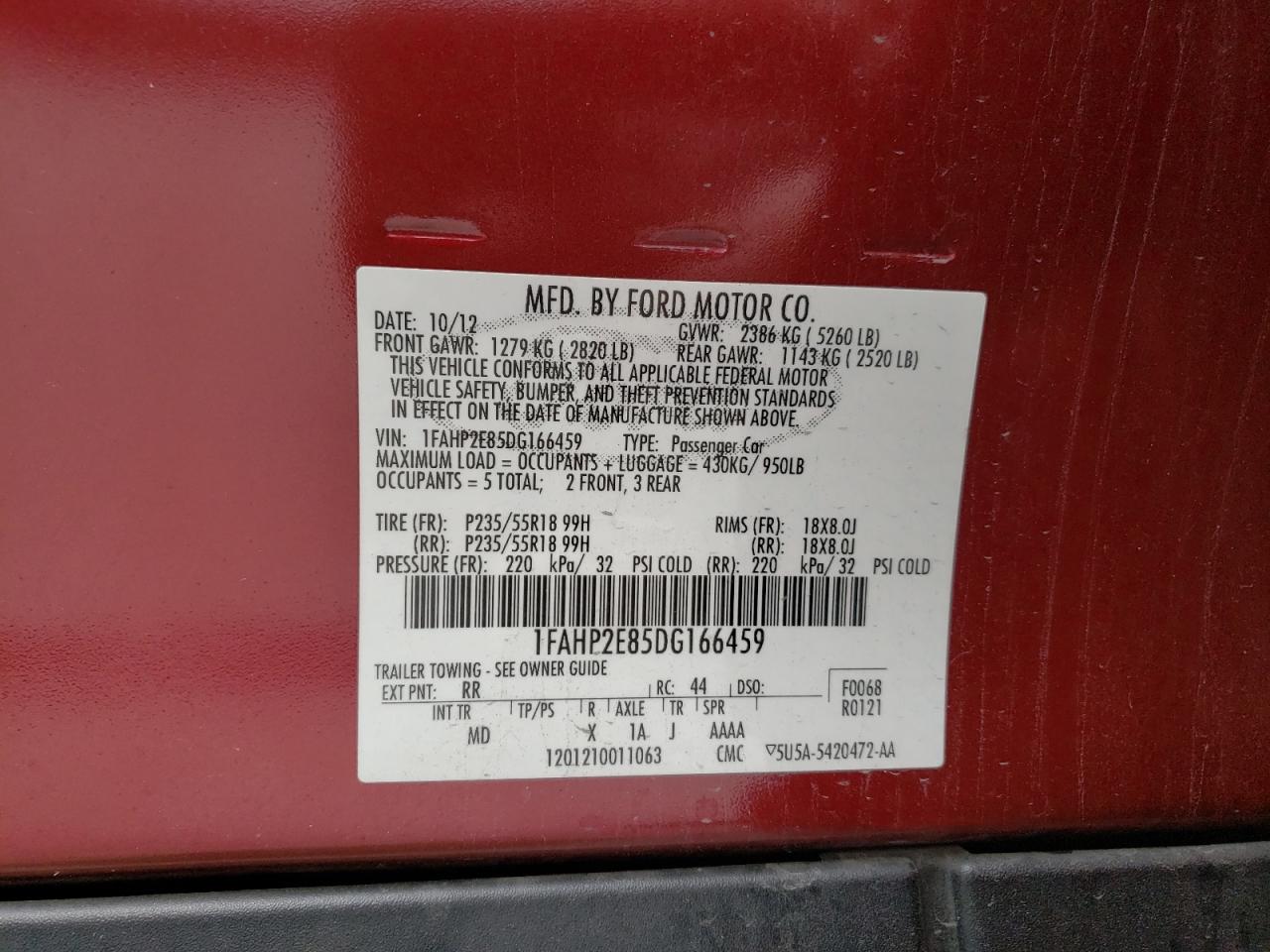 Photo 10 from auction – 2013 FORD TAURUS SEL with VIN 1FAHP2E85DG166459