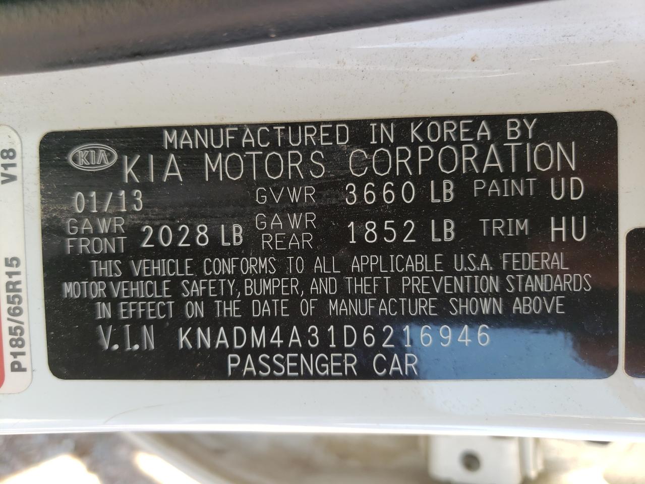 Photo 10 from auction – 2013 KIA RIO LX with VIN KNADM4A31D6216946