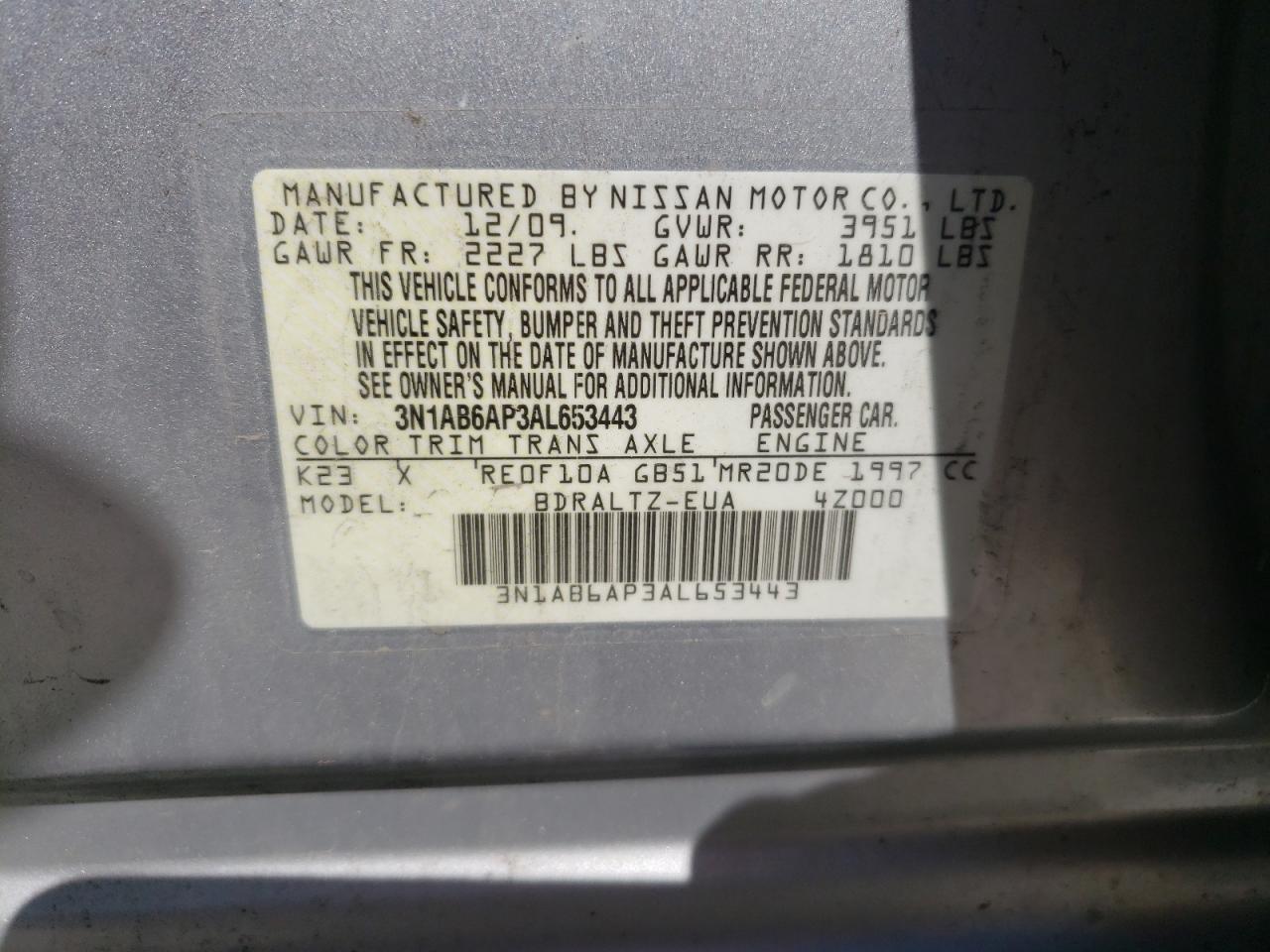 Photo 10 from auction – 2010 NISSAN SENTRA 2.0 with VIN 3N1AB6AP3AL653443