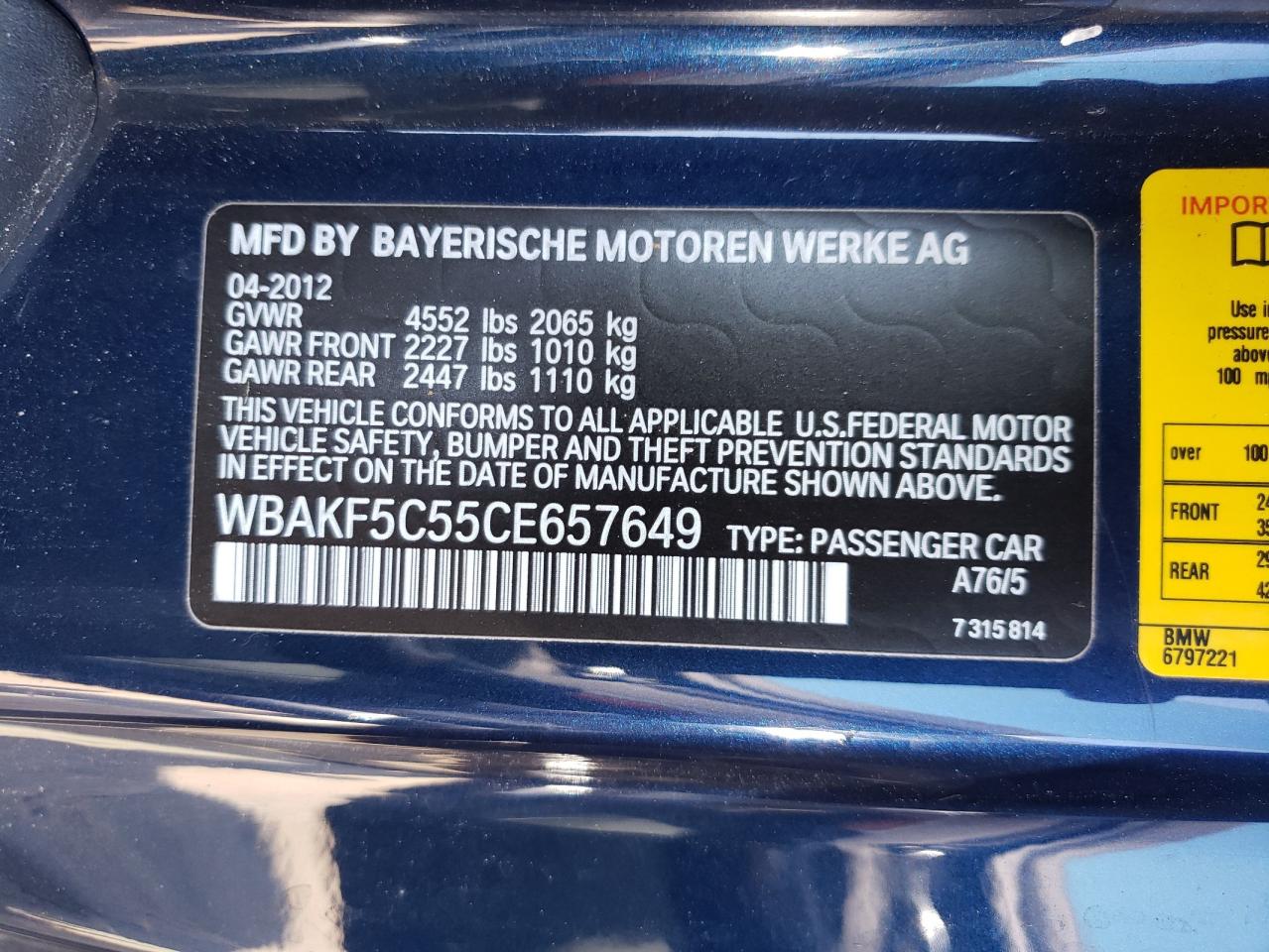 Photo 10 from auction – 2012 BMW 328 XI SUL with VIN WBAKF5C55CE657649