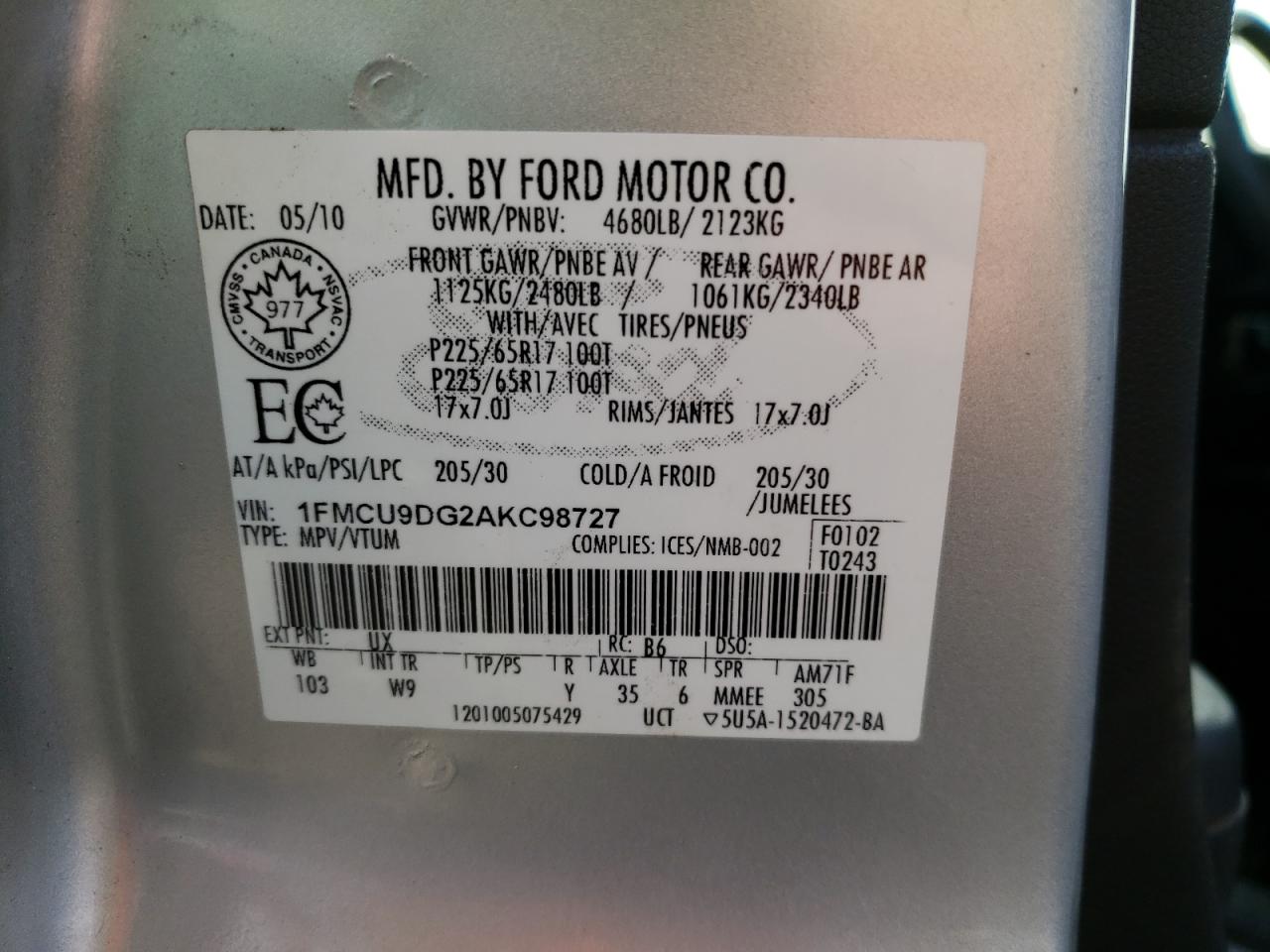 Photo 10 from auction – 2010 FORD ESCAPE XLT with VIN 1FMCU9DG2AKC98727