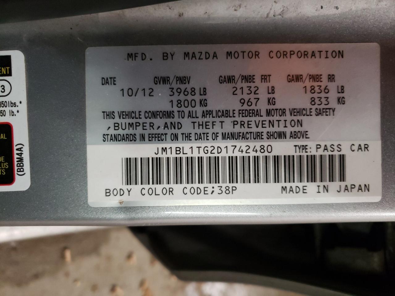 Photo 10 from auction – 2013 MAZDA 3 I with VIN JM1BL1TG2D1742480