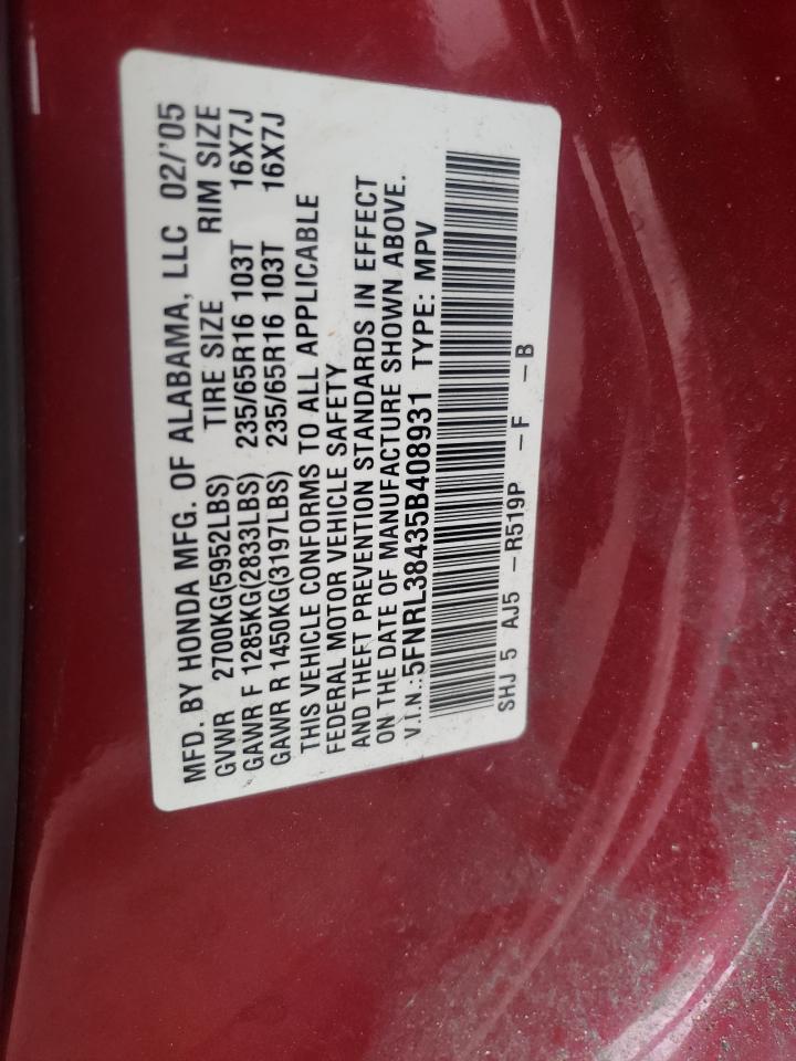 Photo 10 from auction – 2005 HONDA ODYSSEY EX with VIN 5FNRL38435B408931