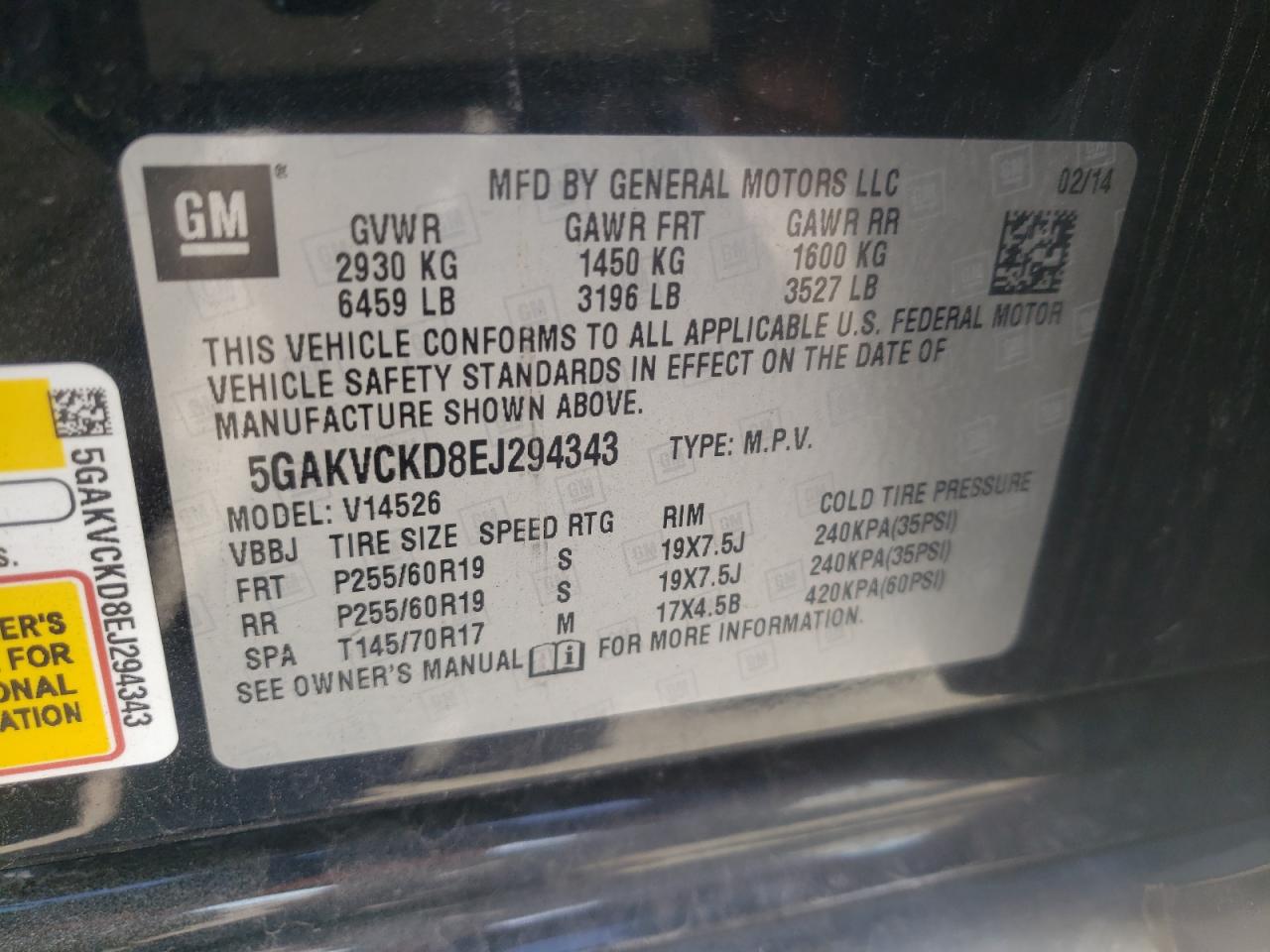 Photo 10 from auction – 2014 BUICK ENCLAVE with VIN 5GAKVCKD8EJ294343