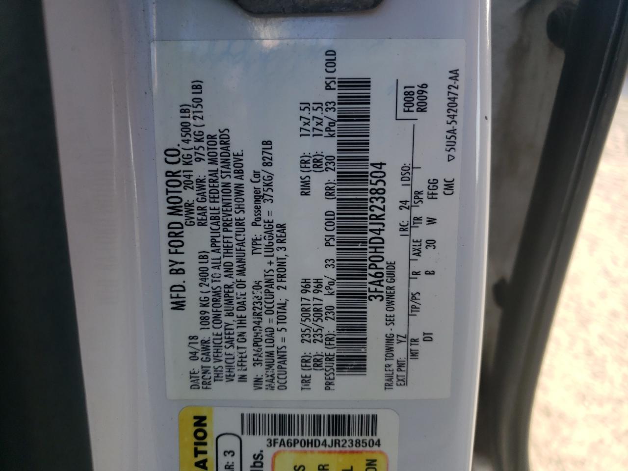 Photo 10 from auction – 2018 FORD FUSION SE with VIN 3FA6P0HD4JR238504