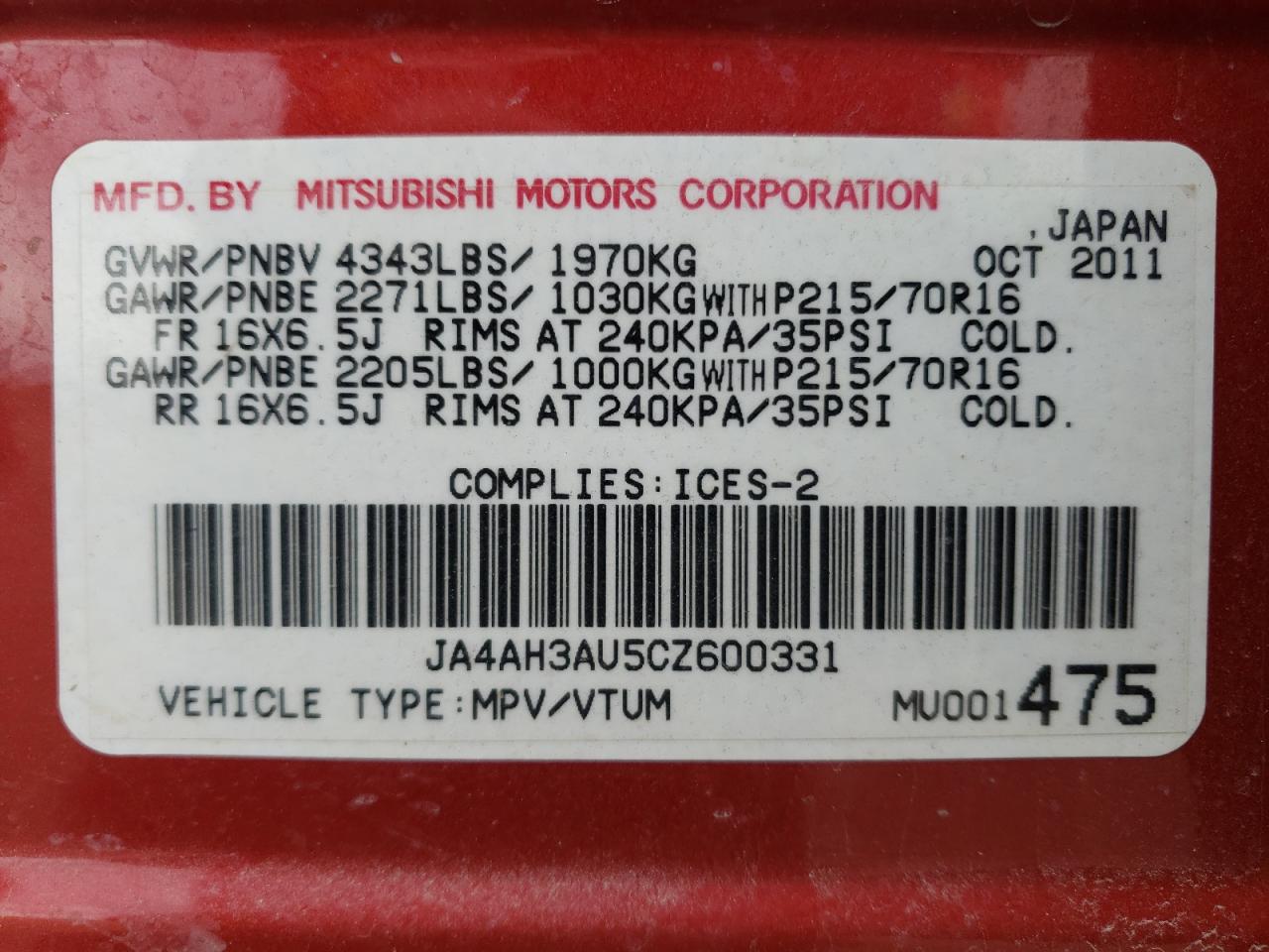 Photo 10 from auction – 2012 MITSUBISHI RVR SE with VIN JA4AH3AU5CZ600331