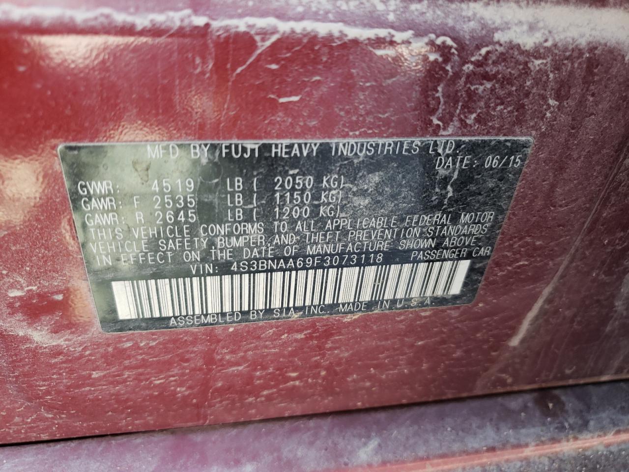 Photo 10 from auction – 2015 SUBARU LEGACY 2.5 with VIN 4S3BNAA69F3073118