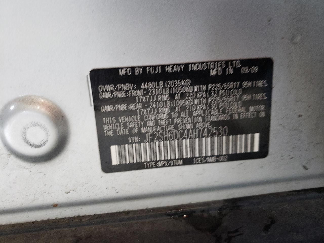 Photo 10 from auction – 2010 SUBARU FORESTER 2 with VIN JF2SH6DC4AH742530