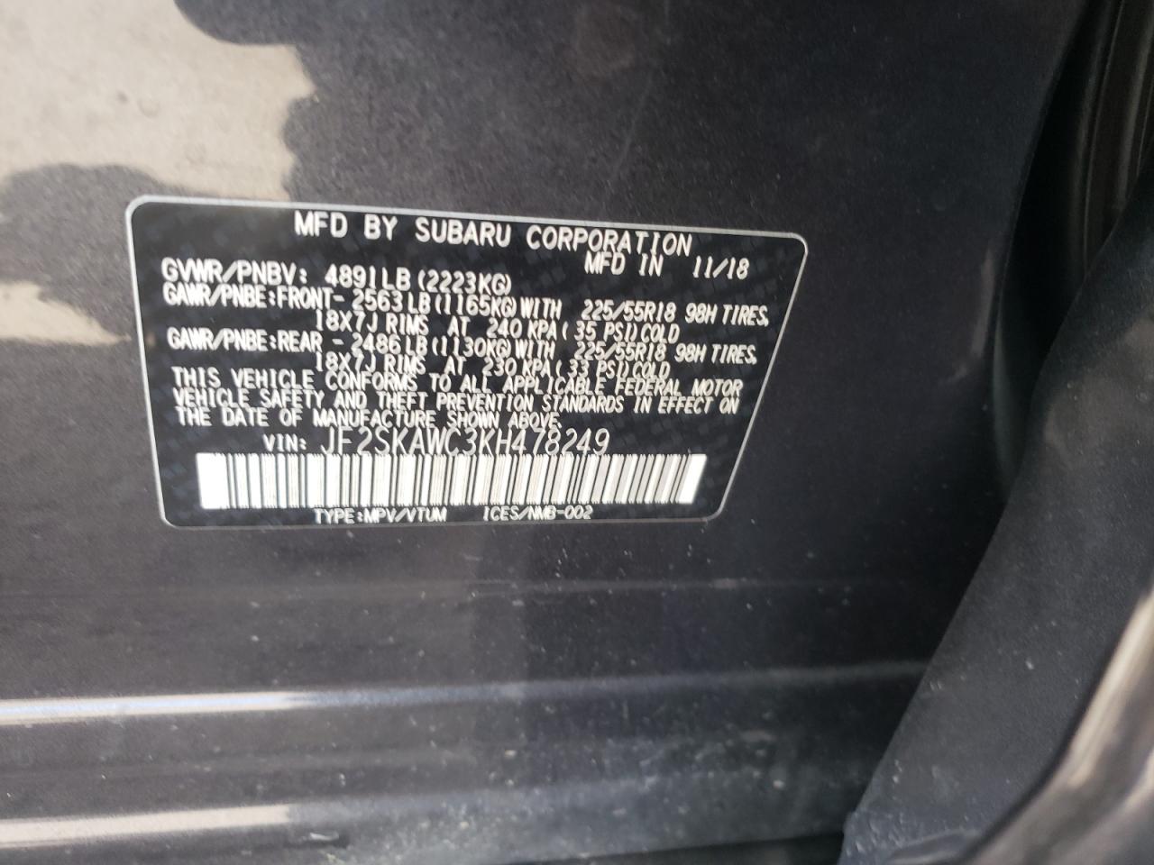 Photo 10 from auction – 2019 SUBARU FORESTER T with VIN JF2SKAWC3KH478249