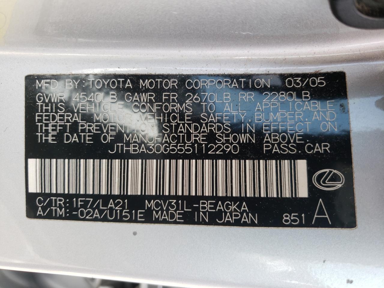 Photo 10 from auction – 2005 LEXUS ES 330 with VIN JTHBA30G555112290