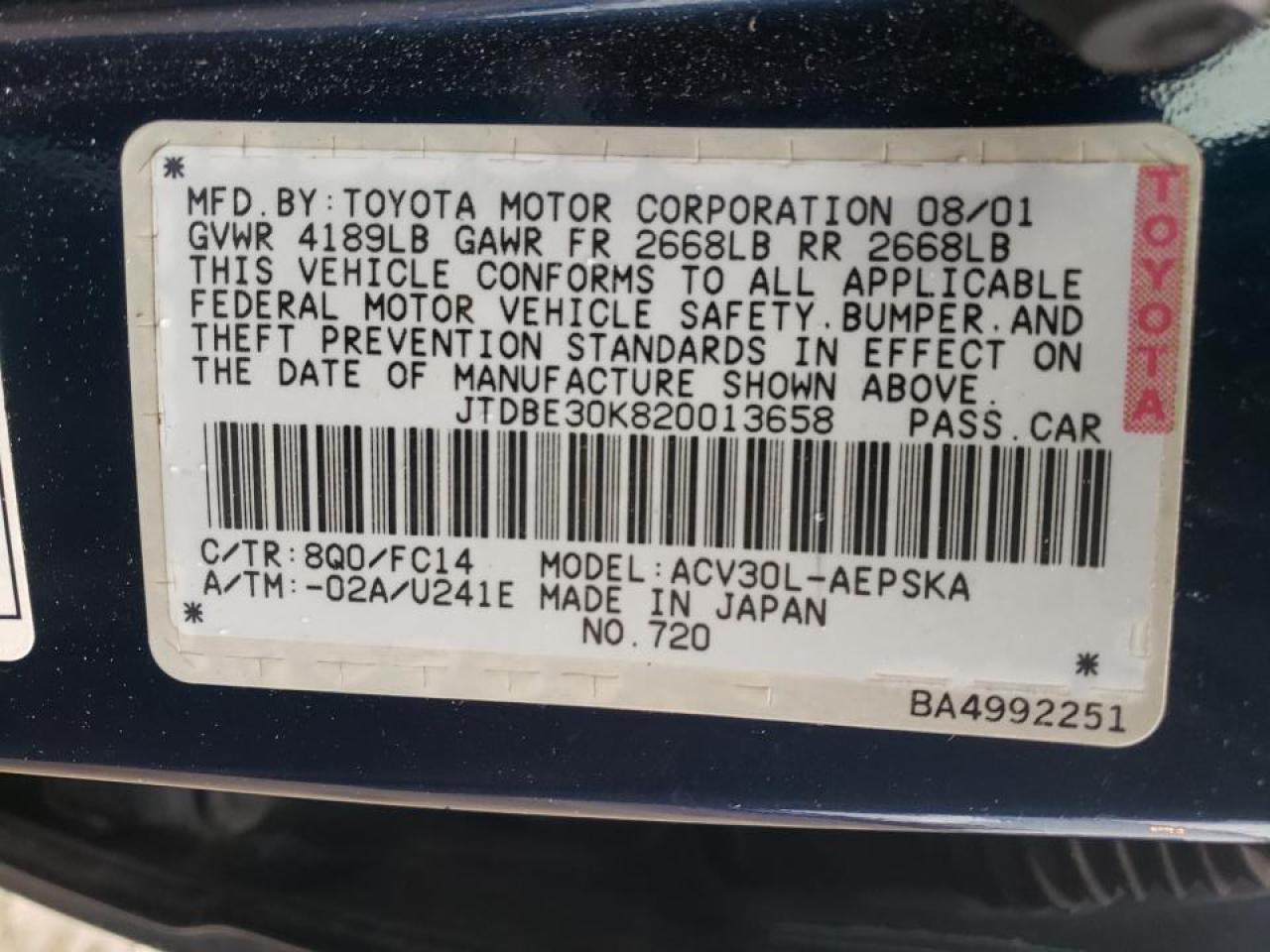 Photo 10 from auction – 2002 TOYOTA CAMRY LE with VIN JTDBE30K820013658