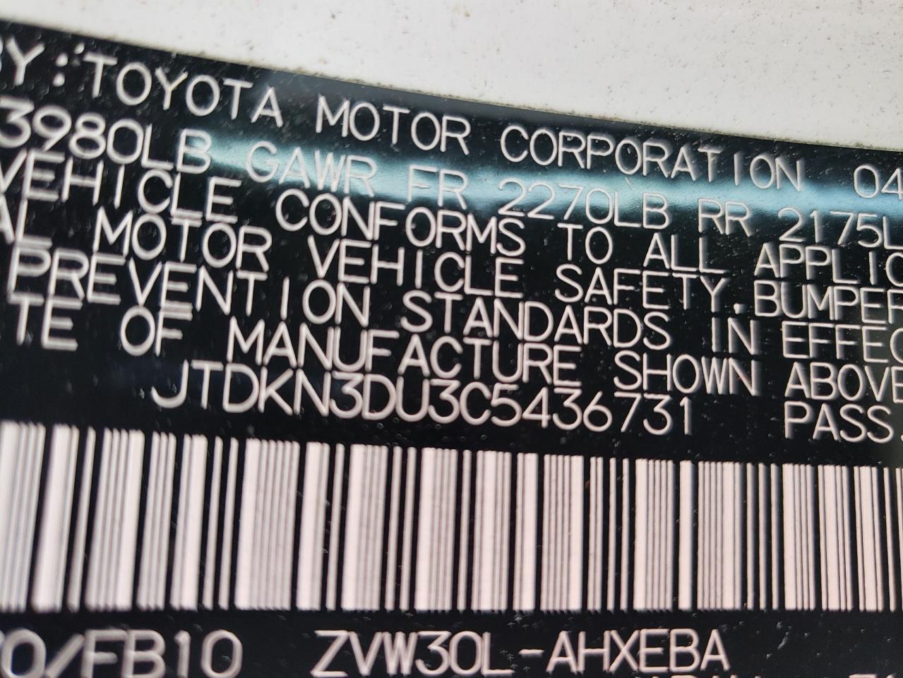 Photo 10 from auction – 2012 TOYOTA PRIUS with VIN JTDKN3DU3C5436731