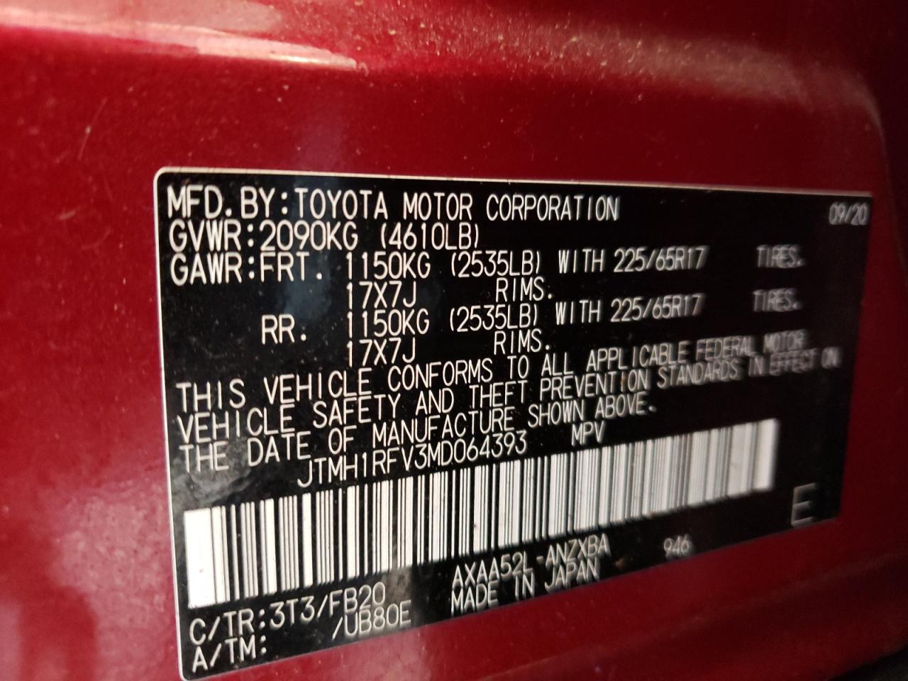Photo 10 from auction – 2021 TOYOTA RAV4 LE with VIN JTMH1RFV3MD064393