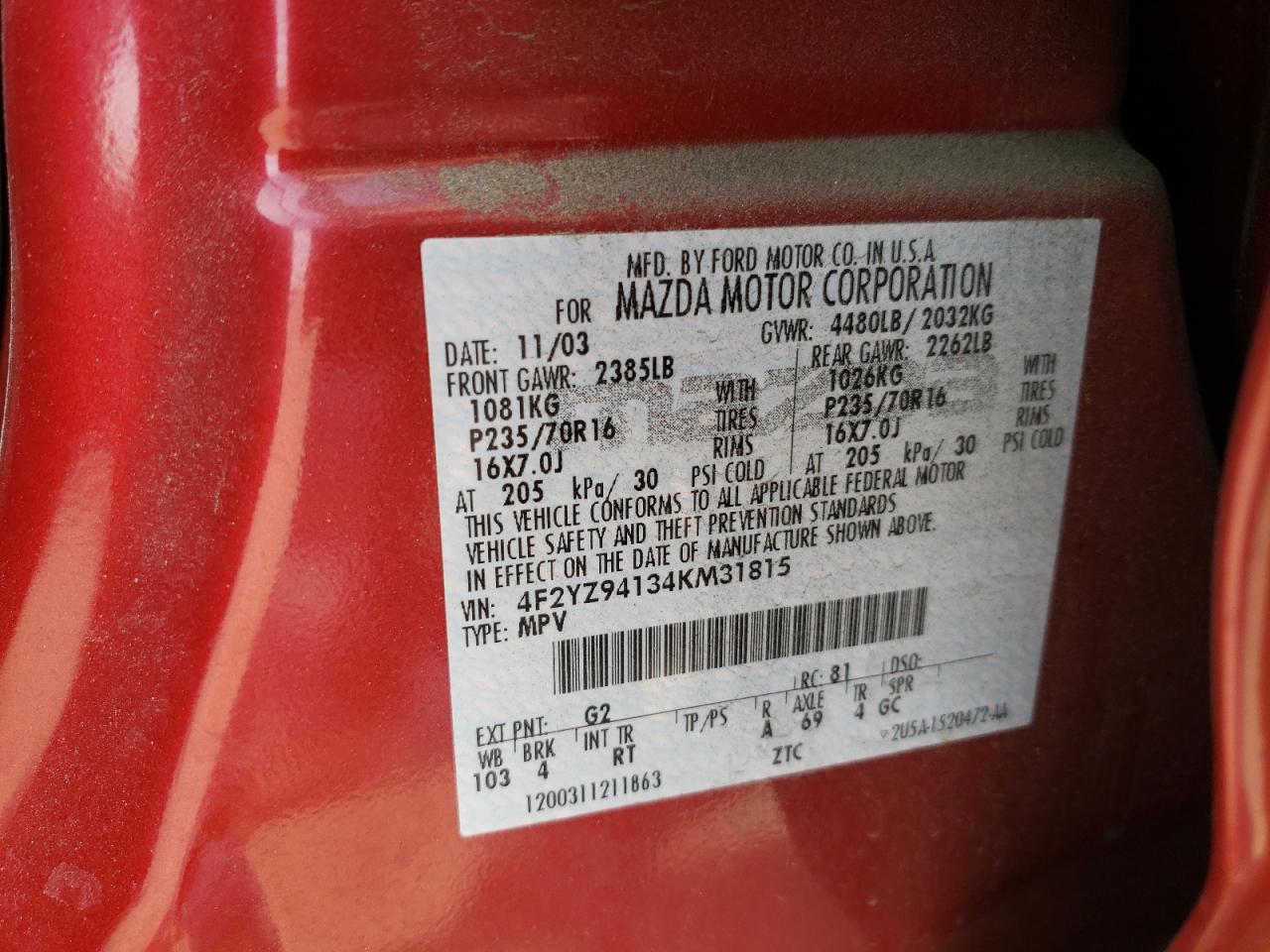 Photo 10 from auction – 2004 MAZDA TRIBUTE LX with VIN 4F2YZ94134KM31815