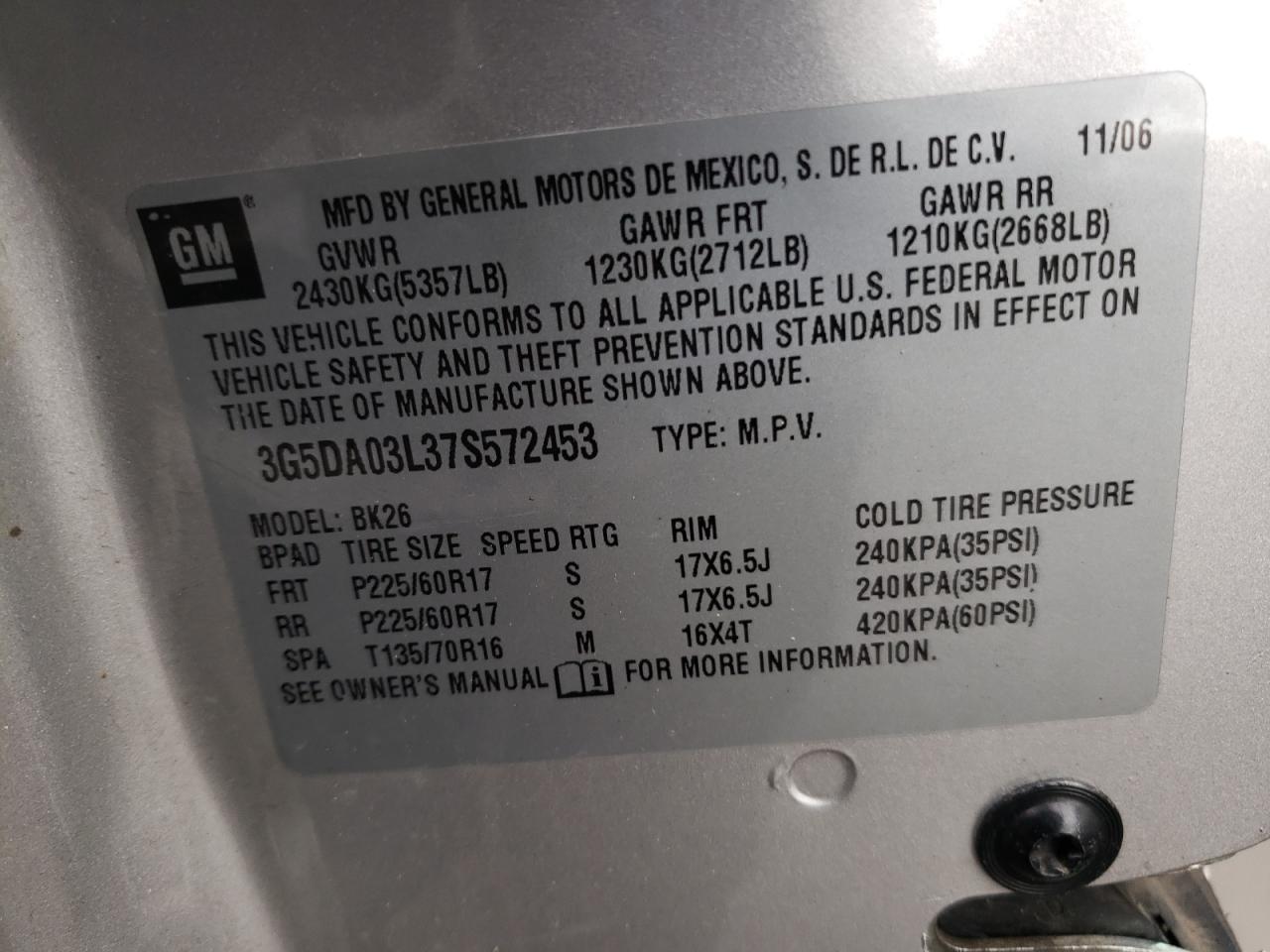 Photo 10 from auction – 2007 BUICK RENDEZVOUS with VIN 3G5DA03L37S572453
