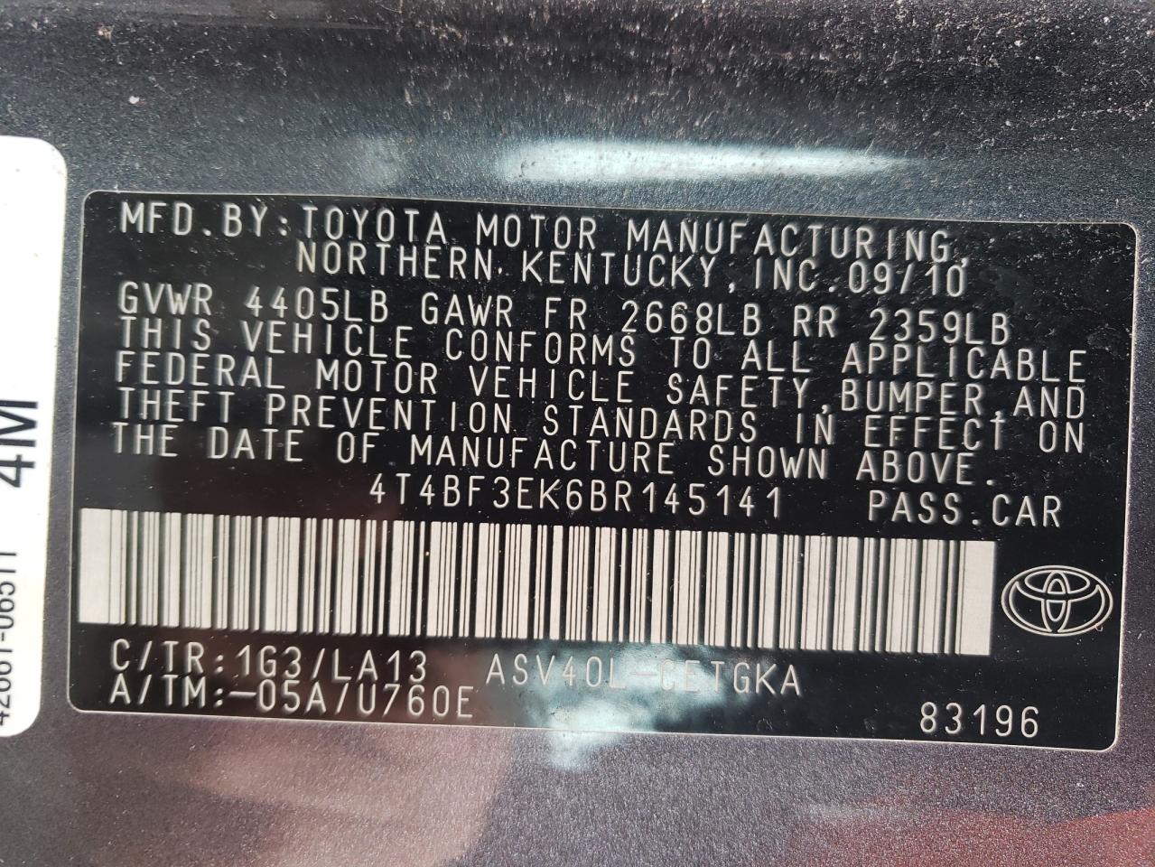Photo 10 from auction – 2011 TOYOTA CAMRY BASE with VIN 4T4BF3EK6BR145141