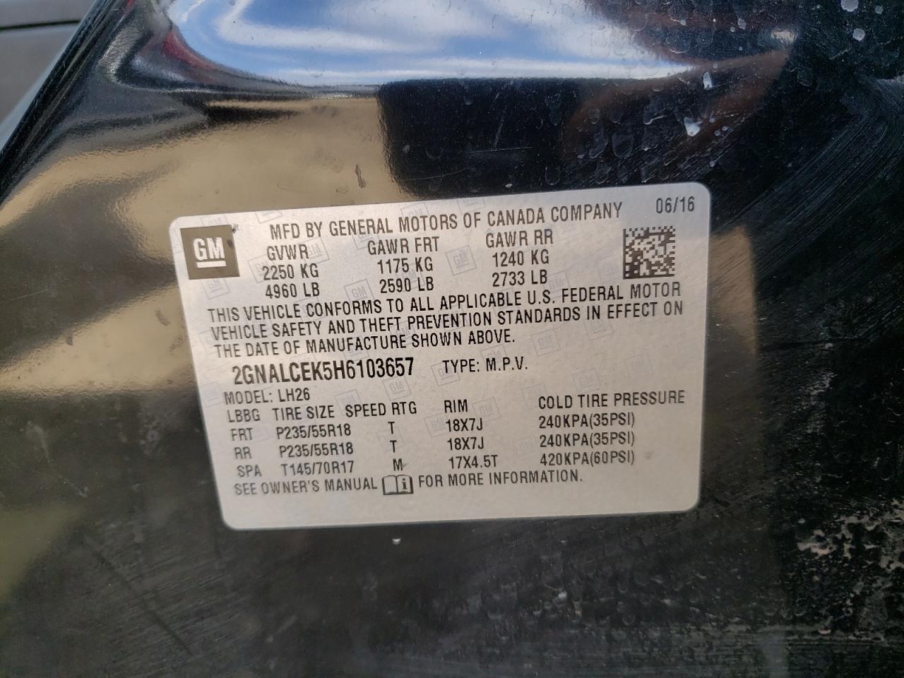 Photo 10 from auction – 2017 CHEVROLET EQUINOX LT with VIN 2GNALCEK5H6103657