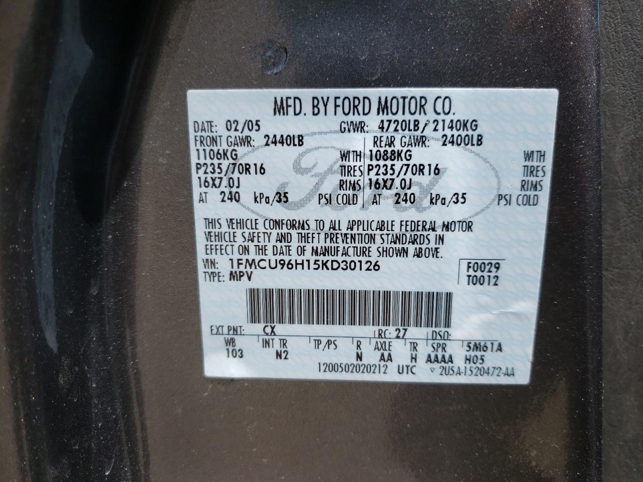 Photo 10 from auction – 2005 FORD ESCAPE HEV with VIN 1FMCU96H15KD30126