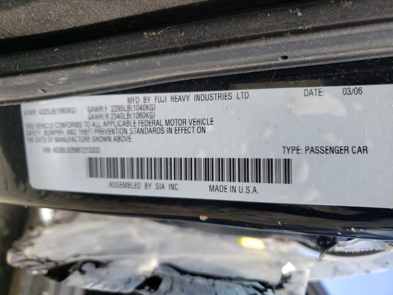 Photo 10 from auction – 2006 SUBARU LEGACY with VIN 4S3BL626967215333