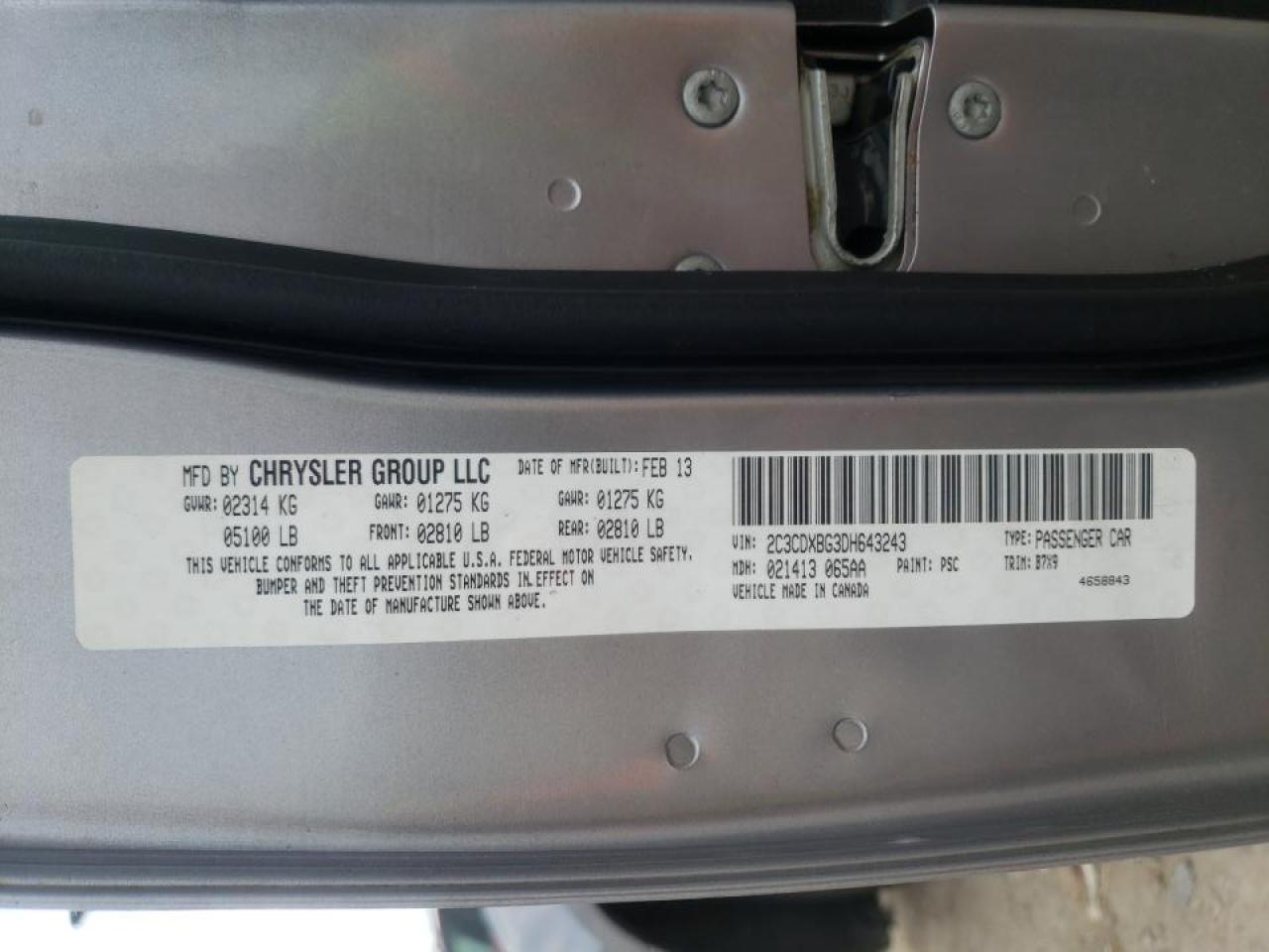 Photo 10 from auction – 2013 DODGE CHARGER SE with VIN 2C3CDXBG3DH643243