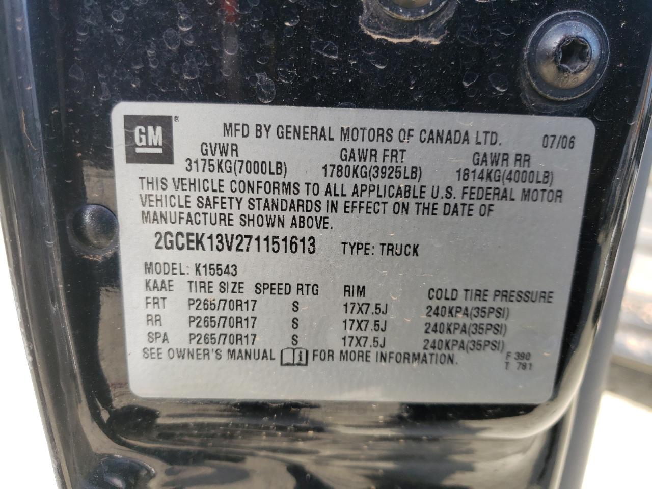 Photo 10 from auction – 2007 CHEVROLET SILVERADO with VIN 2GCEK13V271151613