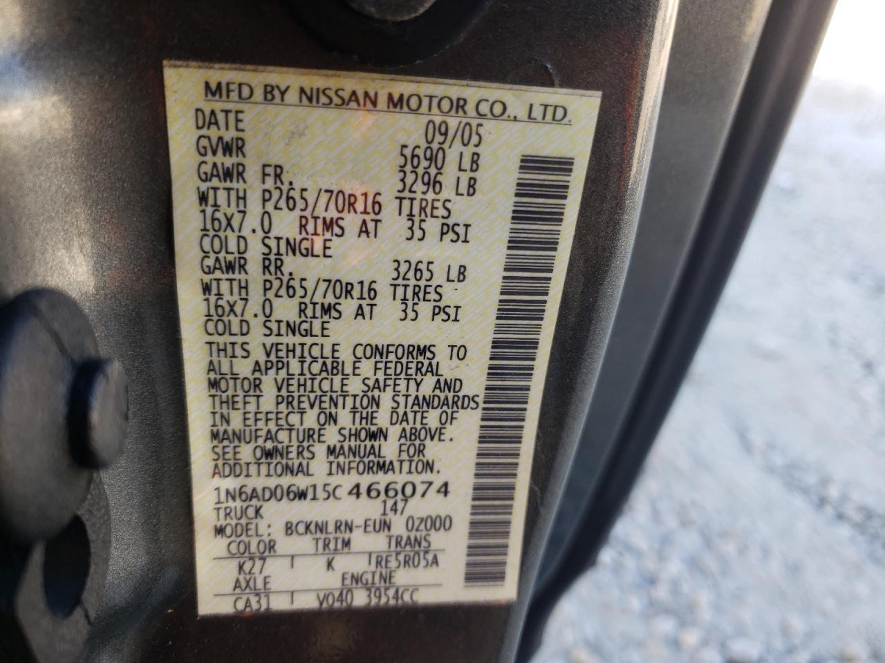 Photo 10 from auction – 2005 NISSAN FRONTIER K with VIN 1N6AD06W15C466074