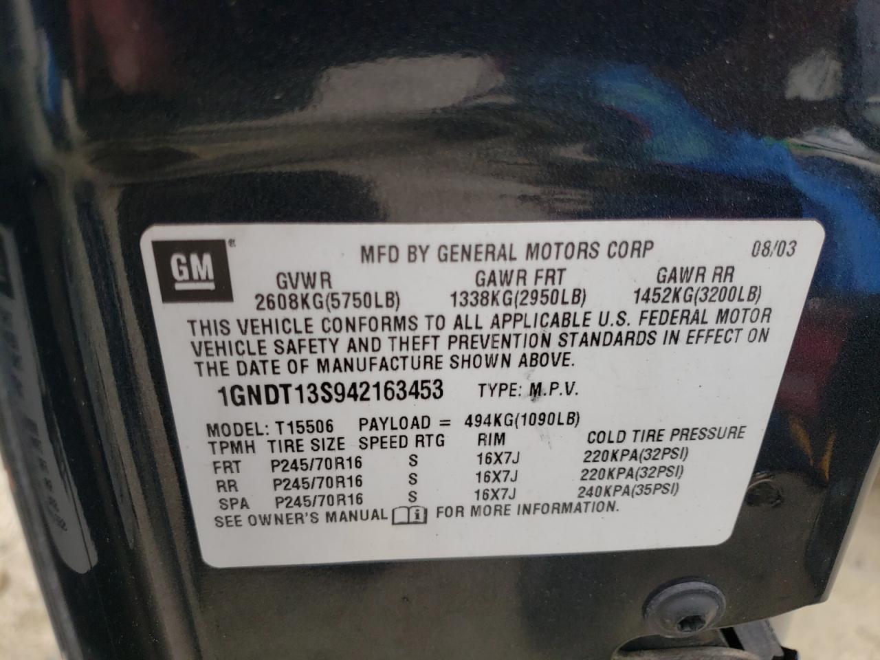 Photo 10 from auction – 2004 CHEVROLET TRAILBLAZE with VIN 1GNDT13S942163453
