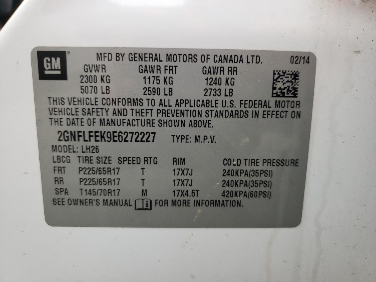 Photo 10 from auction – 2014 CHEVROLET EQUINOX LT with VIN 2GNFLFEK9E6272227