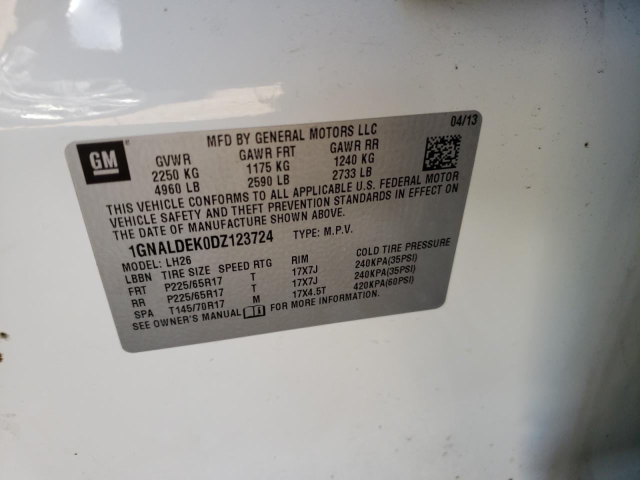 Photo 10 from auction – 2013 CHEVROLET EQUINOX LT with VIN 1GNALDEK0DZ123724