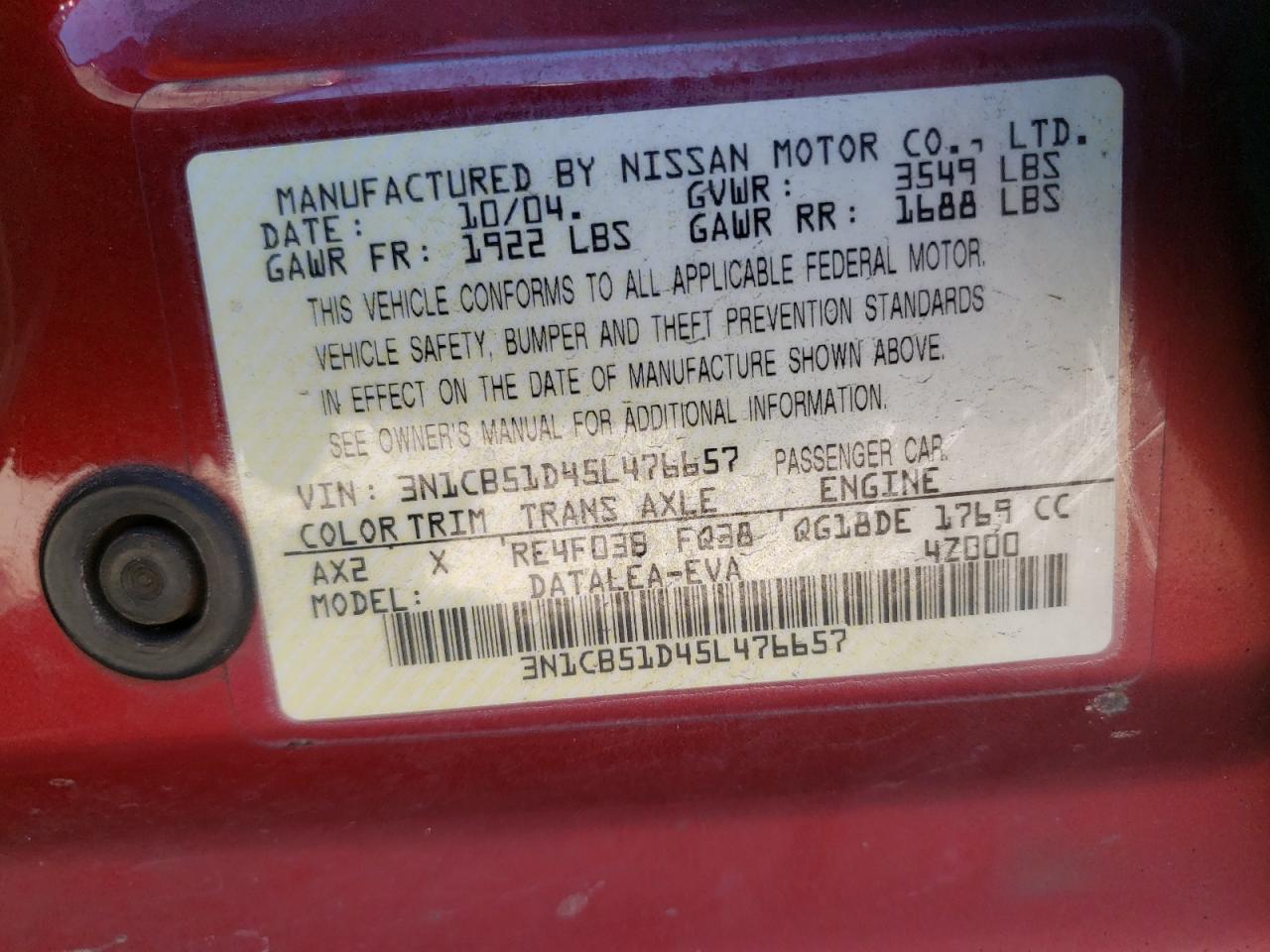 Photo 10 from auction – 2005 NISSAN SENTRA 1.8 with VIN 3N1CB51D45L476657