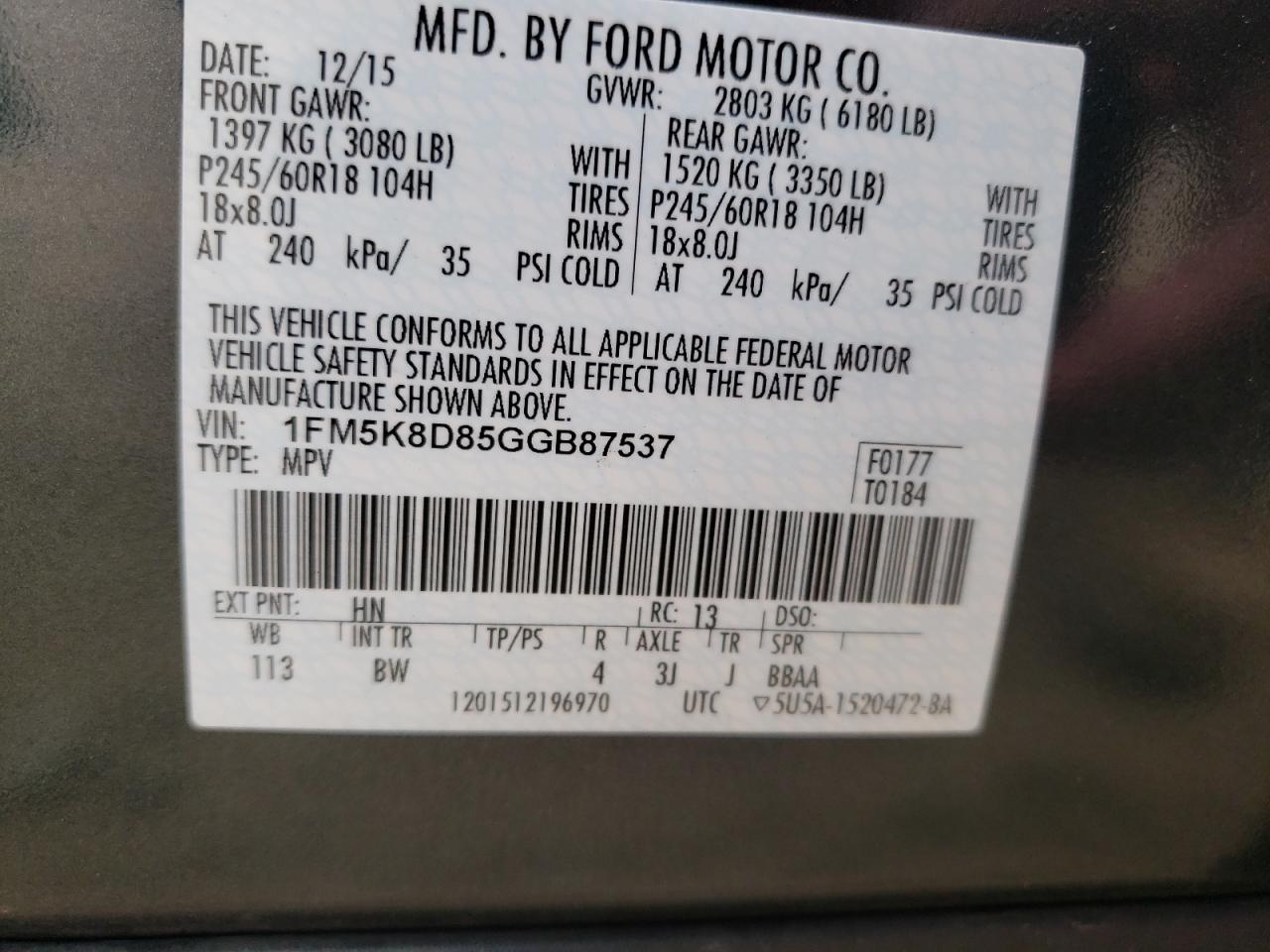 Photo 10 from auction – 2016 FORD EXPLORER X with VIN 1FM5K8D85GGB87537