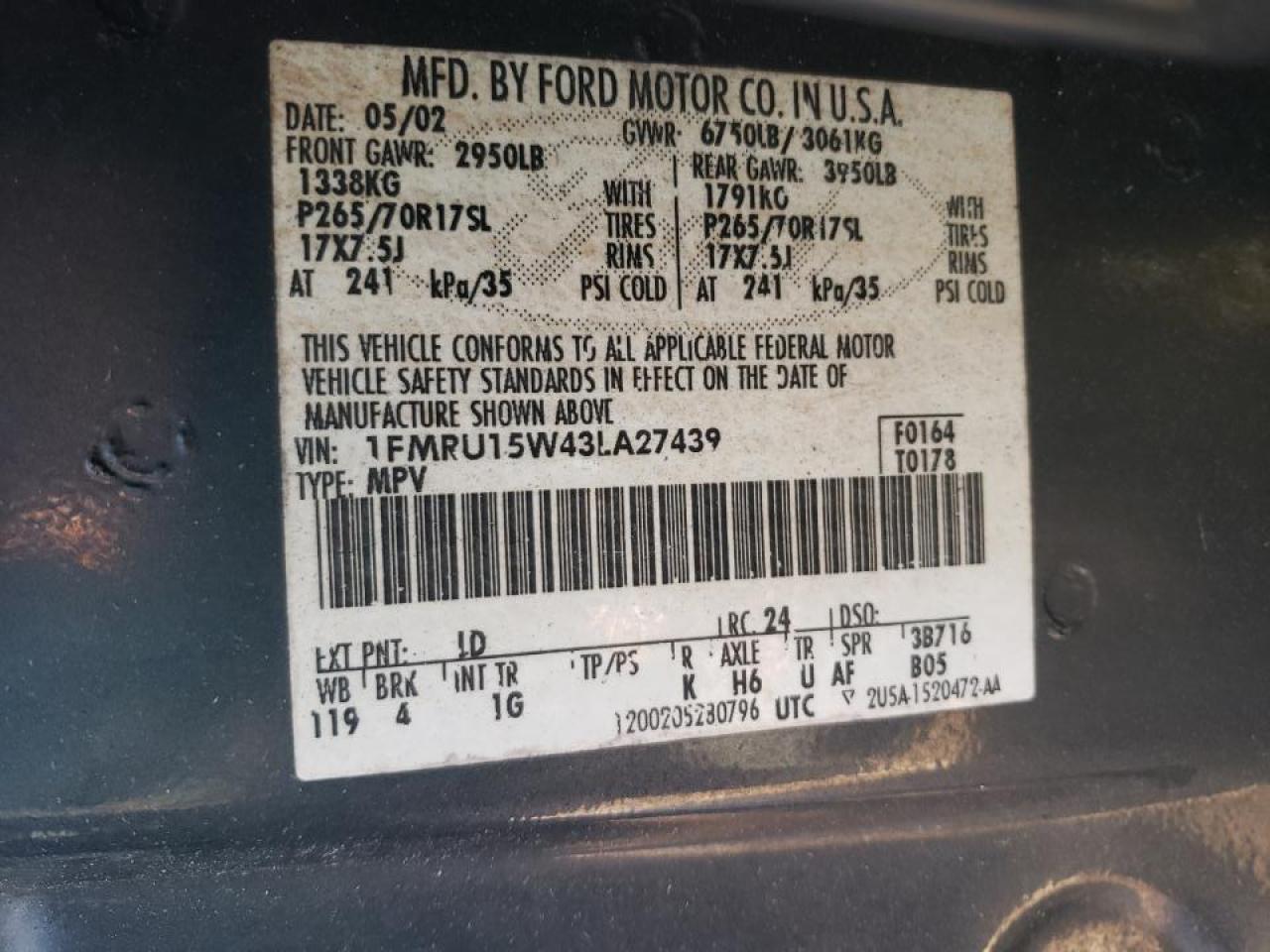 Photo 10 from auction – 2003 FORD EXPEDITION with VIN 1FMRU15W43LA27439