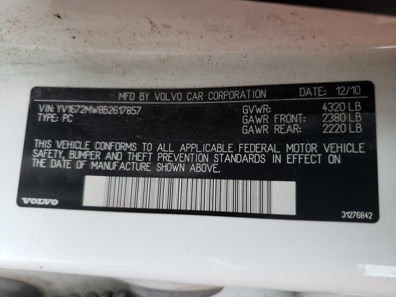 Photo 10 from auction – 2011 VOLVO V50 T5 with VIN YV1672MW8B2617857