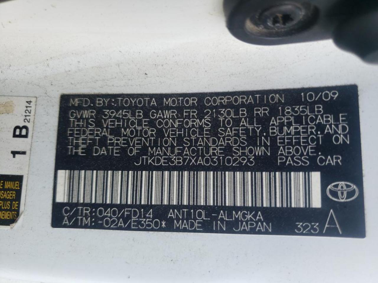 Photo 10 from auction – 2010 TOYOTA SCION TC with VIN JTKDE3B7XA0310293