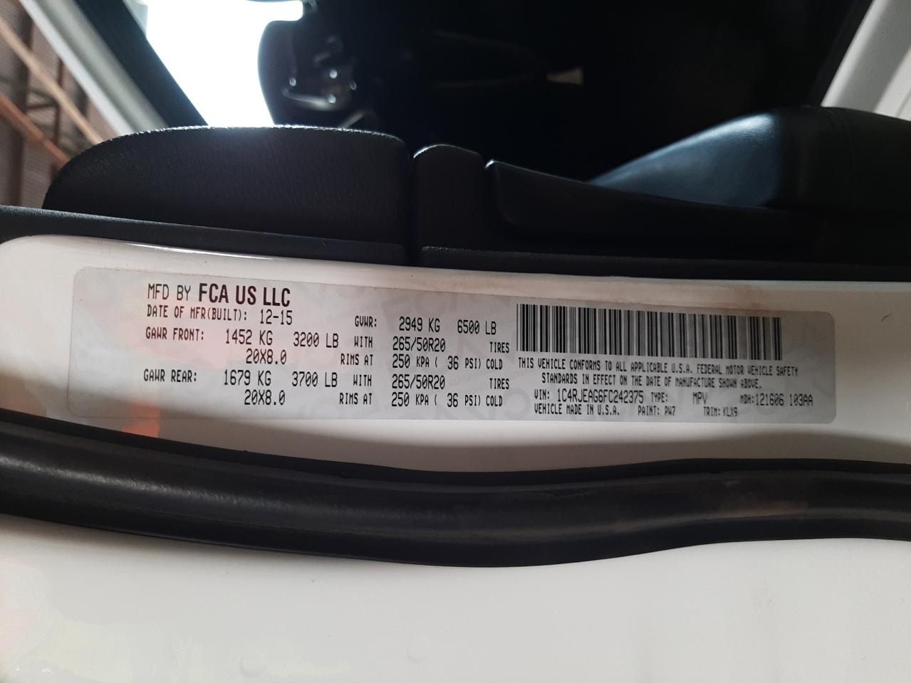 Photo 10 from auction – 2015 JEEP GRAND CHER with VIN 1C4RJEAG6FC242375
