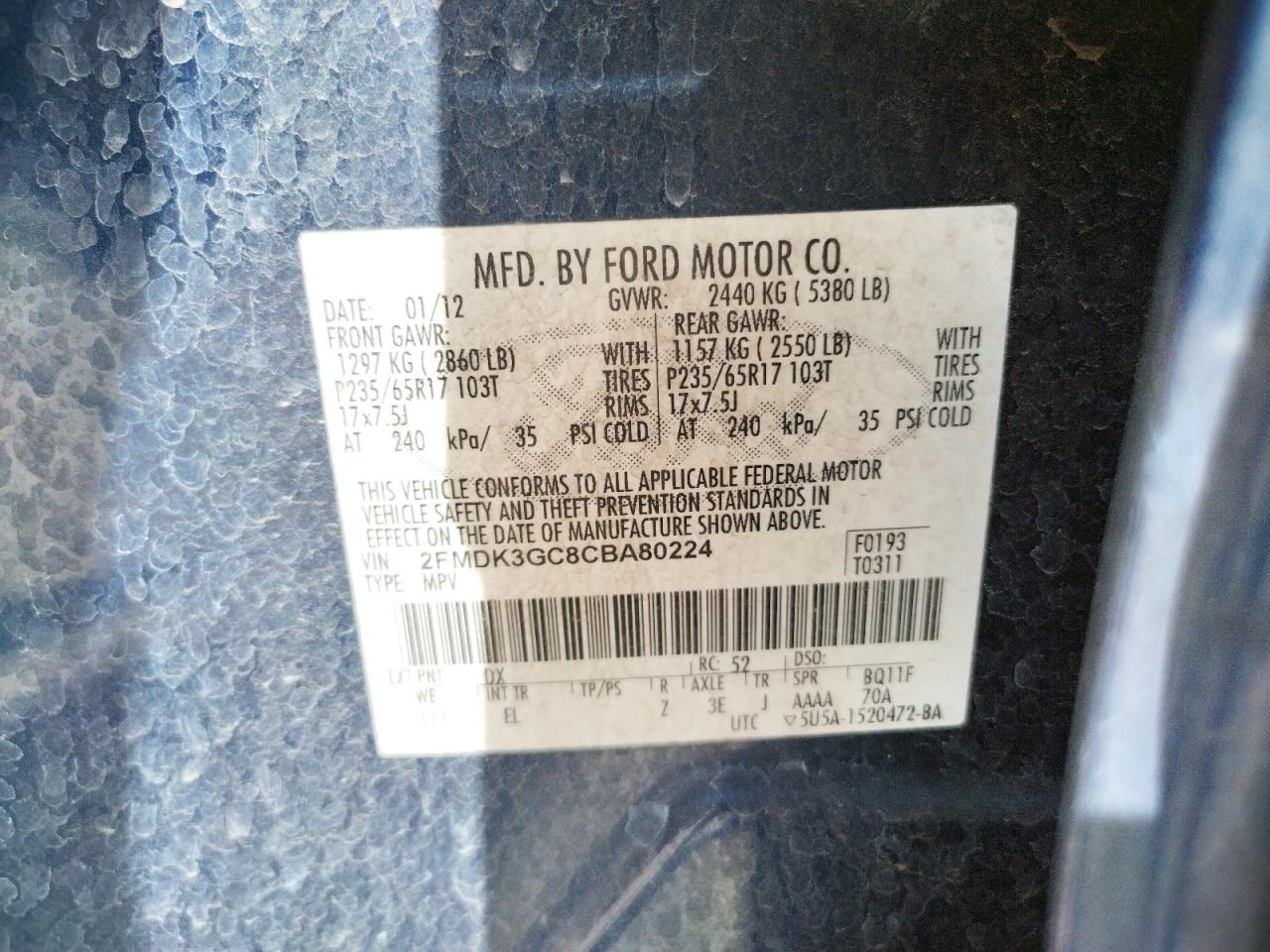 Photo 10 from auction – 2012 FORD EDGE SE with VIN 2FMDK3GC8CBA80224
