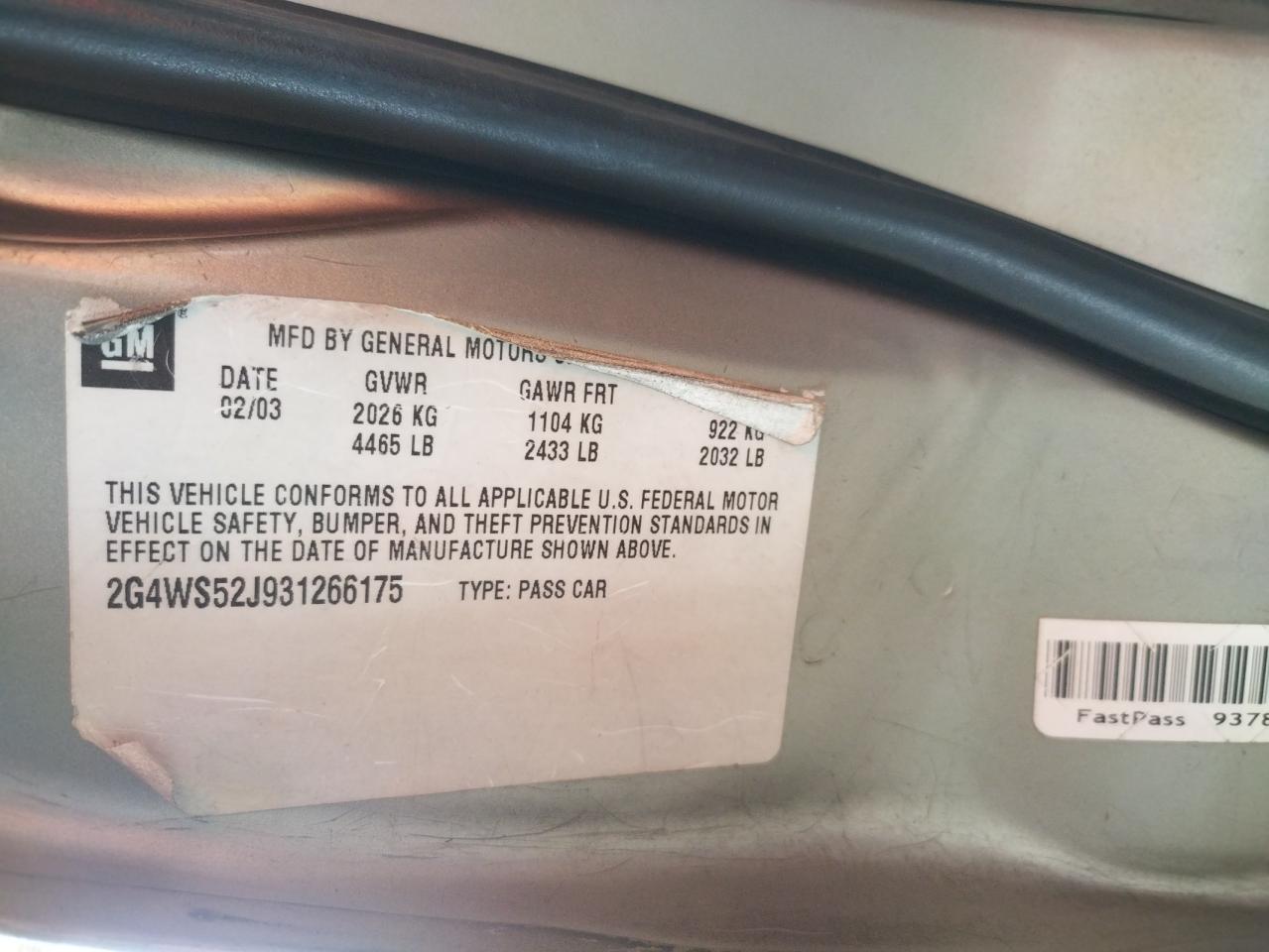 Photo 10 from auction – 2003 BUICK CENTURY CU with VIN 2G4WS52J931266175