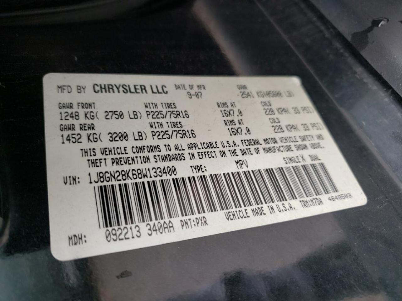 Photo 10 from auction – 2008 JEEP LIBERTY SP with VIN 1J8GN28K68W133400