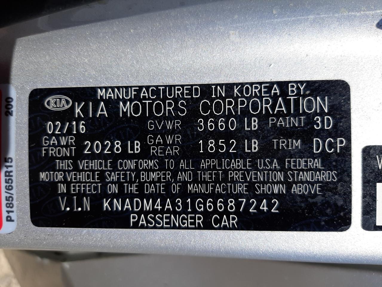 Photo 10 from auction – 2016 KIA RIO with VIN KNADM4A31G6687242
